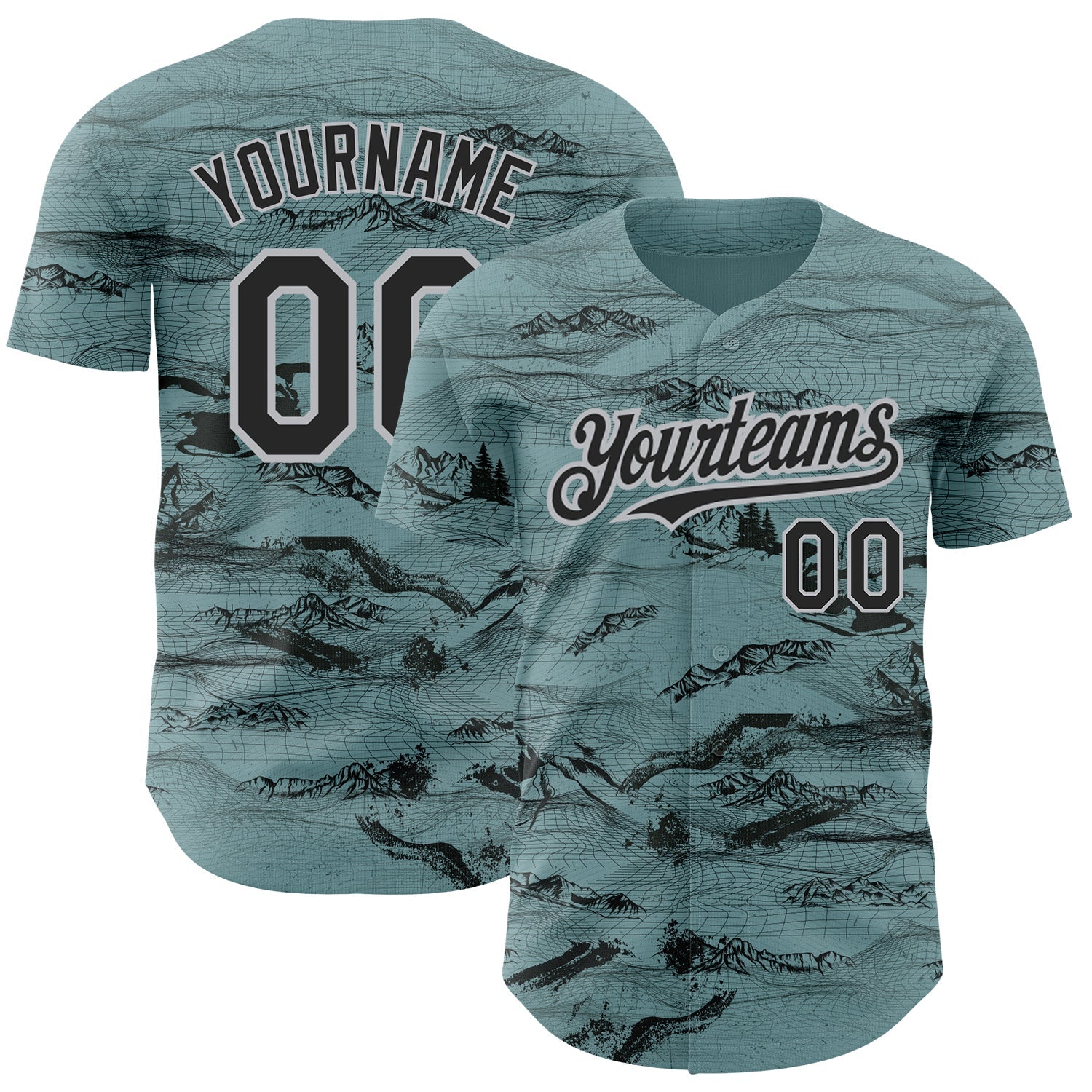 Custom Green Black Gray 3D Pattern Design Mountain Authentic Baseball Jersey - Main View