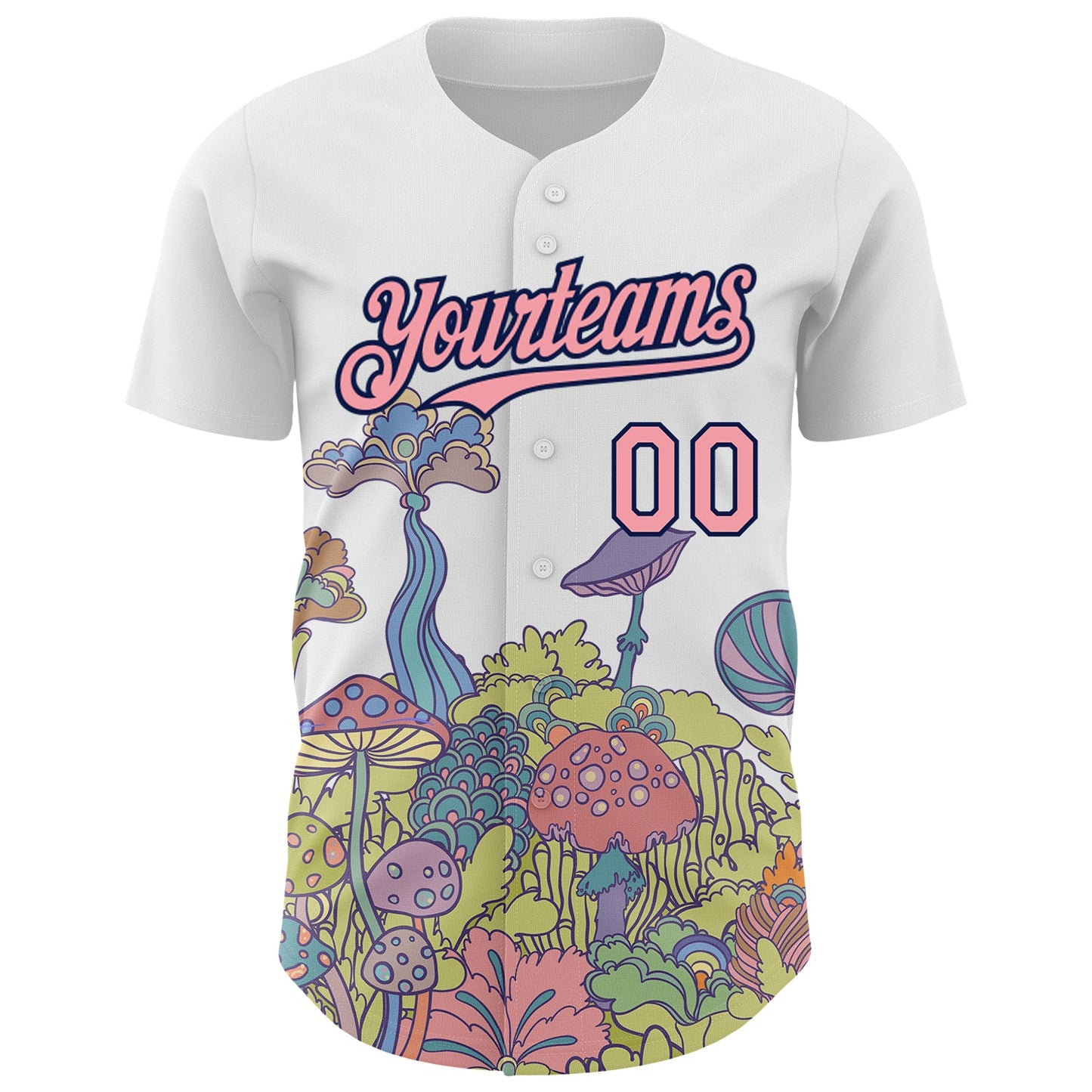 Custom White Medium Pink-Navy 3D Pattern Design Colorful Flowers And Mushrooms Psychedelic Hallucination Authentic Baseball Jersey view 2
