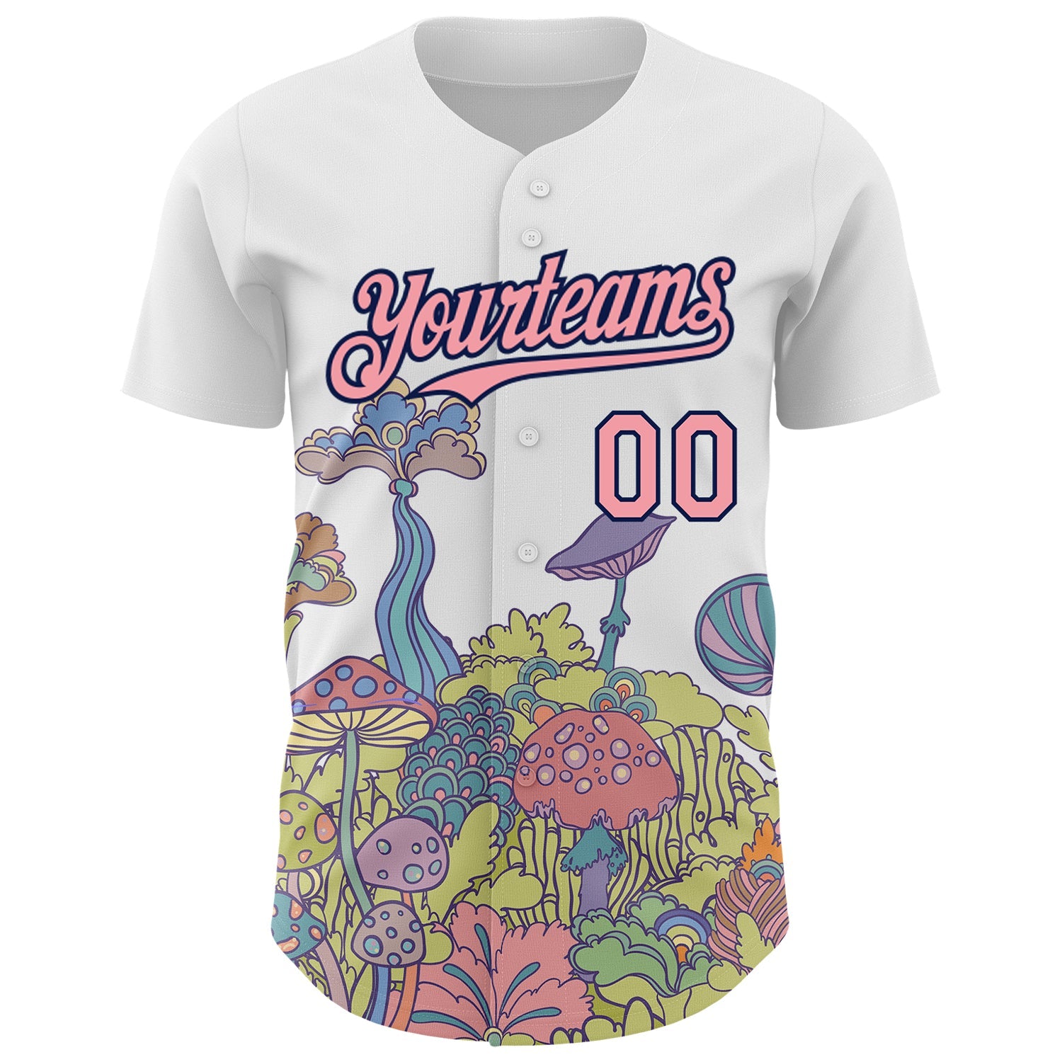 Custom White Medium Pink-Navy 3D Pattern Design Colorful Flowers And Mushrooms Psychedelic Hallucination Authentic Baseball Jersey view 2