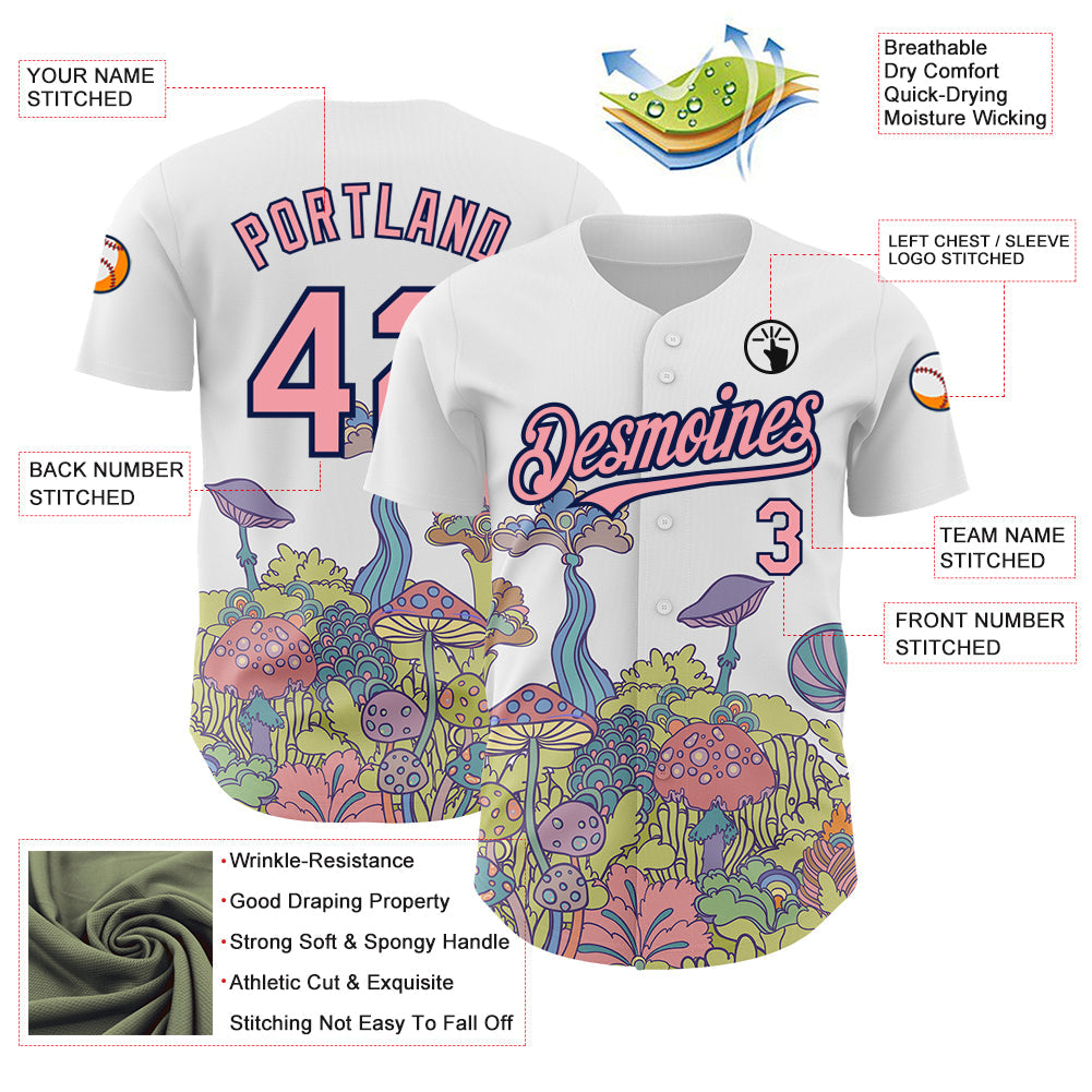 Custom White Medium Pink-Navy 3D Pattern Design Colorful Flowers And Mushrooms Psychedelic Hallucination Authentic Baseball Jersey view 3
