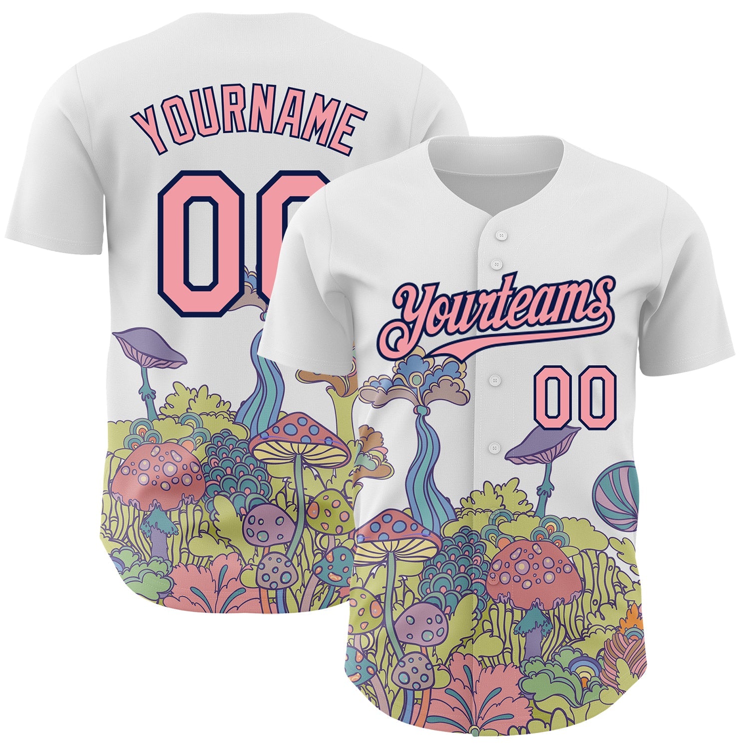 Custom White Medium Pink-Navy 3D Pattern Design Colorful Flowers And Mushrooms Psychedelic Hallucination Authentic Baseball Jersey - Main View
