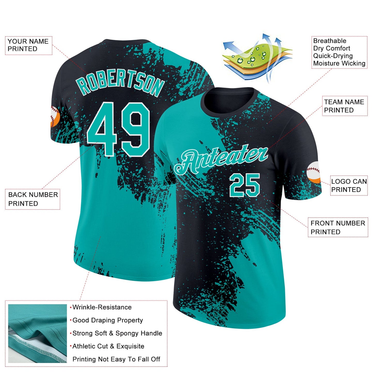 Custom Aqua Black-White 3D Pattern Design Abstract Brush Stroke Performance T-Shirt view 2
