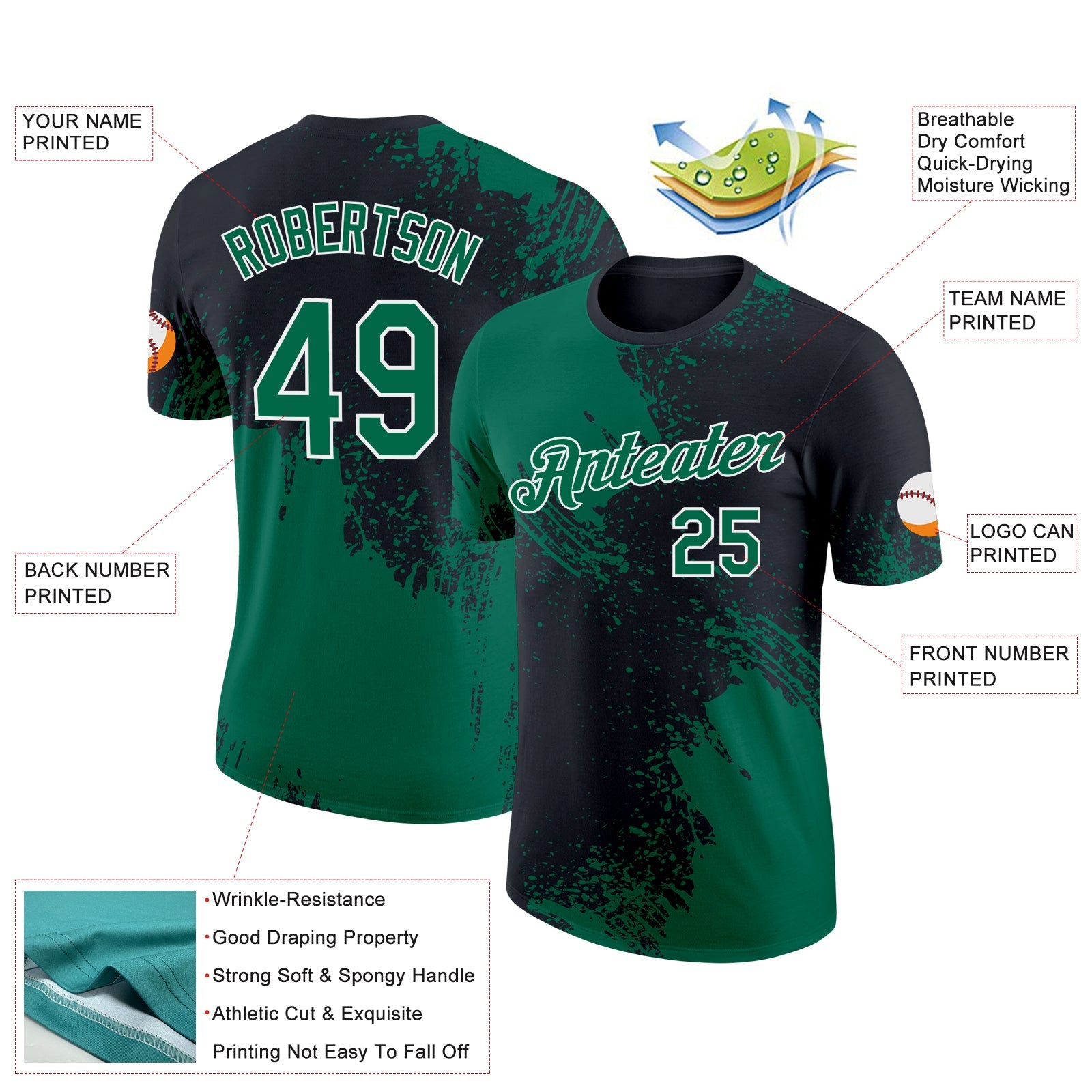 Custom Kelly Green Black-White 3D Pattern Design Abstract Brush Stroke Performance T-Shirt view 2