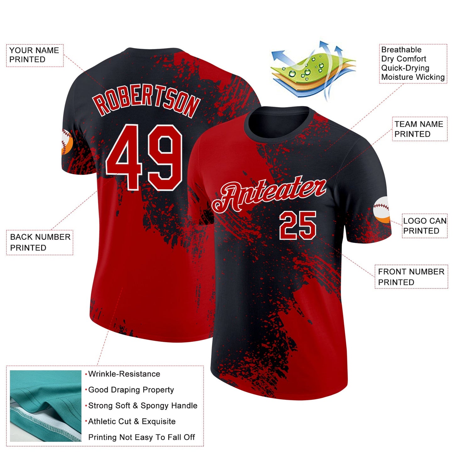 Custom Red Black-White 3D Pattern Design Abstract Brush Stroke Performance T-Shirt view 3