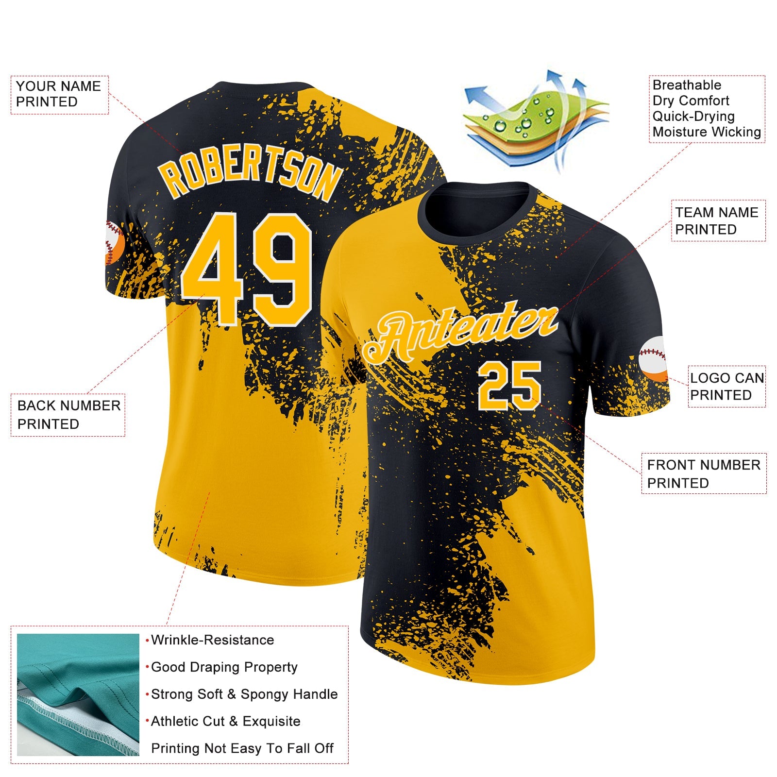 Custom Gold Black-White 3D Pattern Design Abstract Brush Stroke Performance T-Shirt view 2