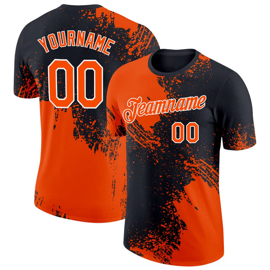 Custom Orange Black-White 3D Pattern Design Abstract Brush Stroke Performance T-Shirt - Main View