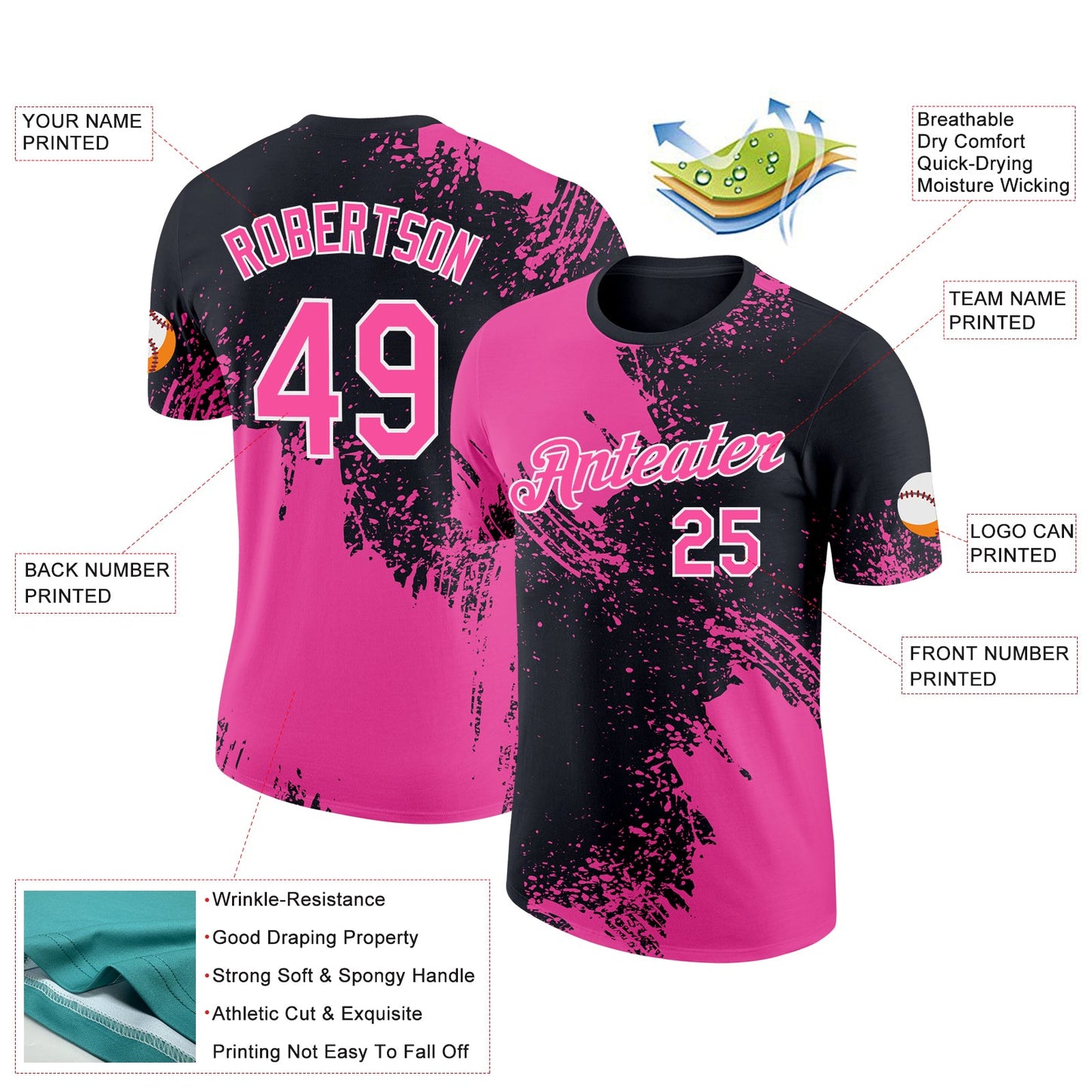 Custom Pink Black-White 3D Pattern Design Abstract Brush Stroke Performance T-Shirt view 3