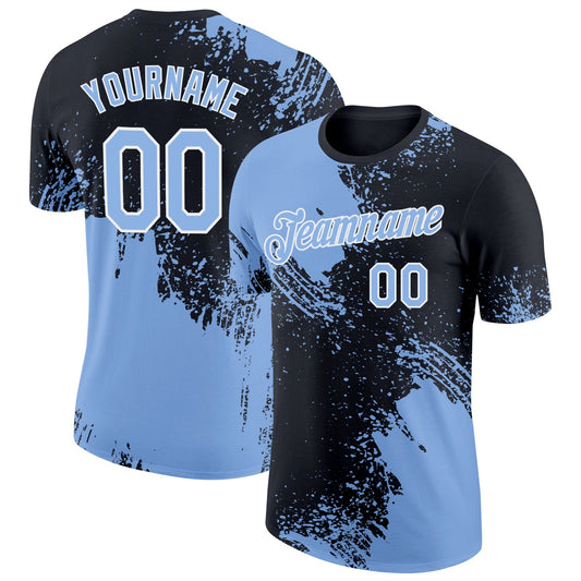 Custom Light Blue Black-White 3D Pattern Design Abstract Brush Stroke Performance T-Shirt - Main View
