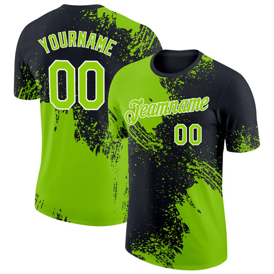 Custom Neon Green Black-White 3D Pattern Design Abstract Brush Stroke Performance T-Shirt - Main View