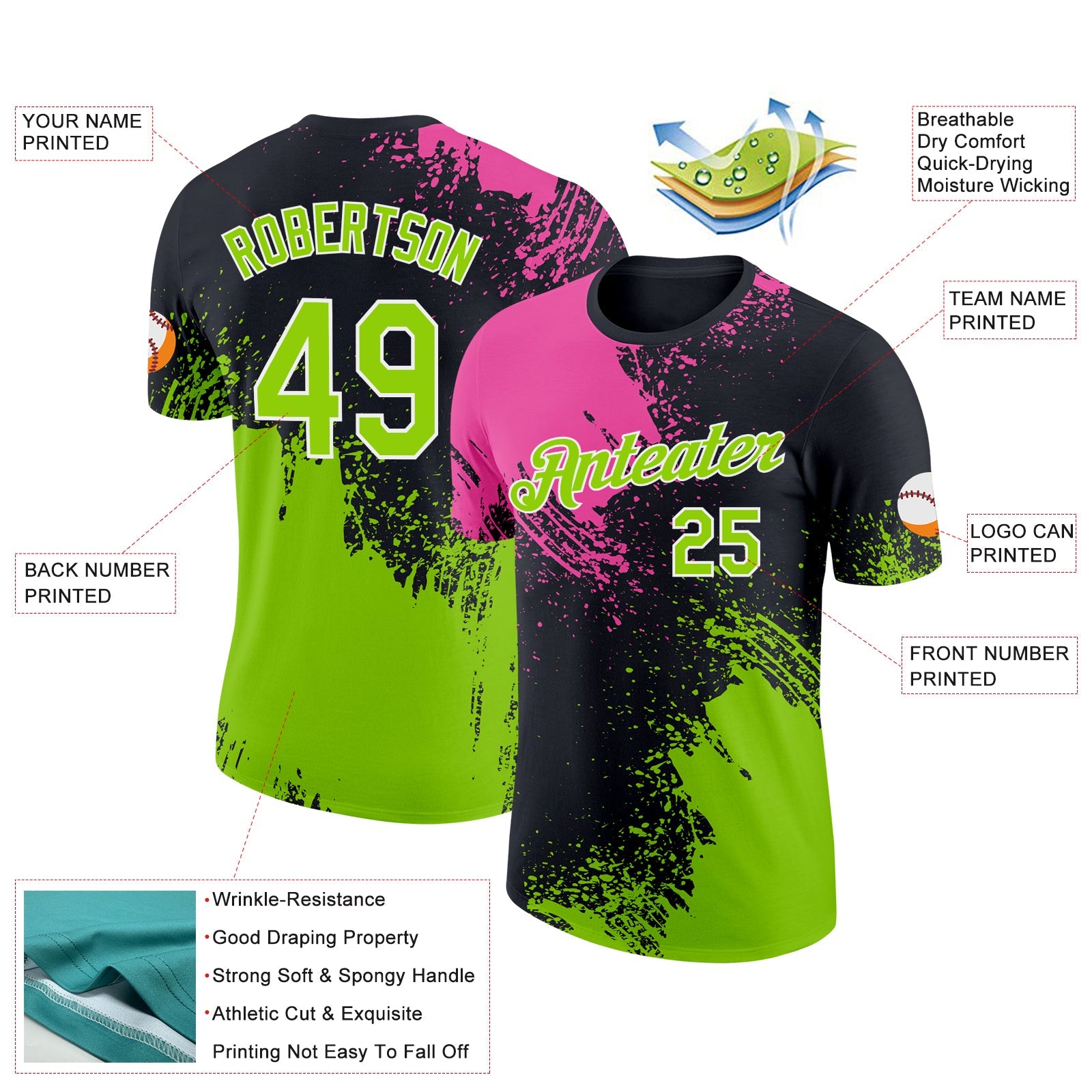 Custom Pink Neon Green-Black 3D Pattern Design Abstract Brush Stroke Performance T-Shirt view 2