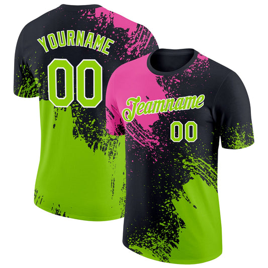 Custom Pink Neon Green-Black 3D Pattern Design Abstract Brush Stroke Performance T-Shirt - Main View