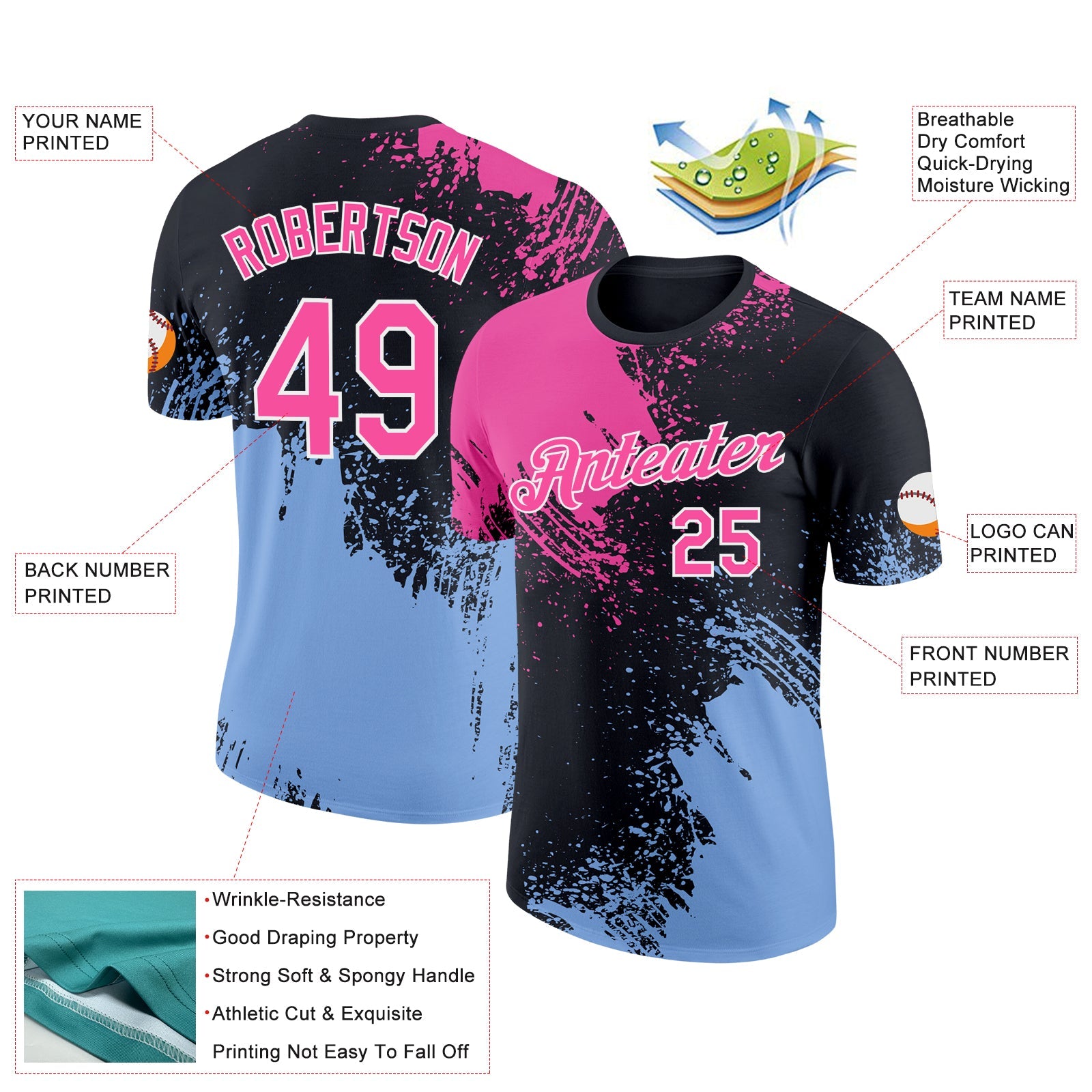 Custom Pink Black-Light Blue 3D Pattern Design Abstract Brush Stroke Performance T-Shirt view 2