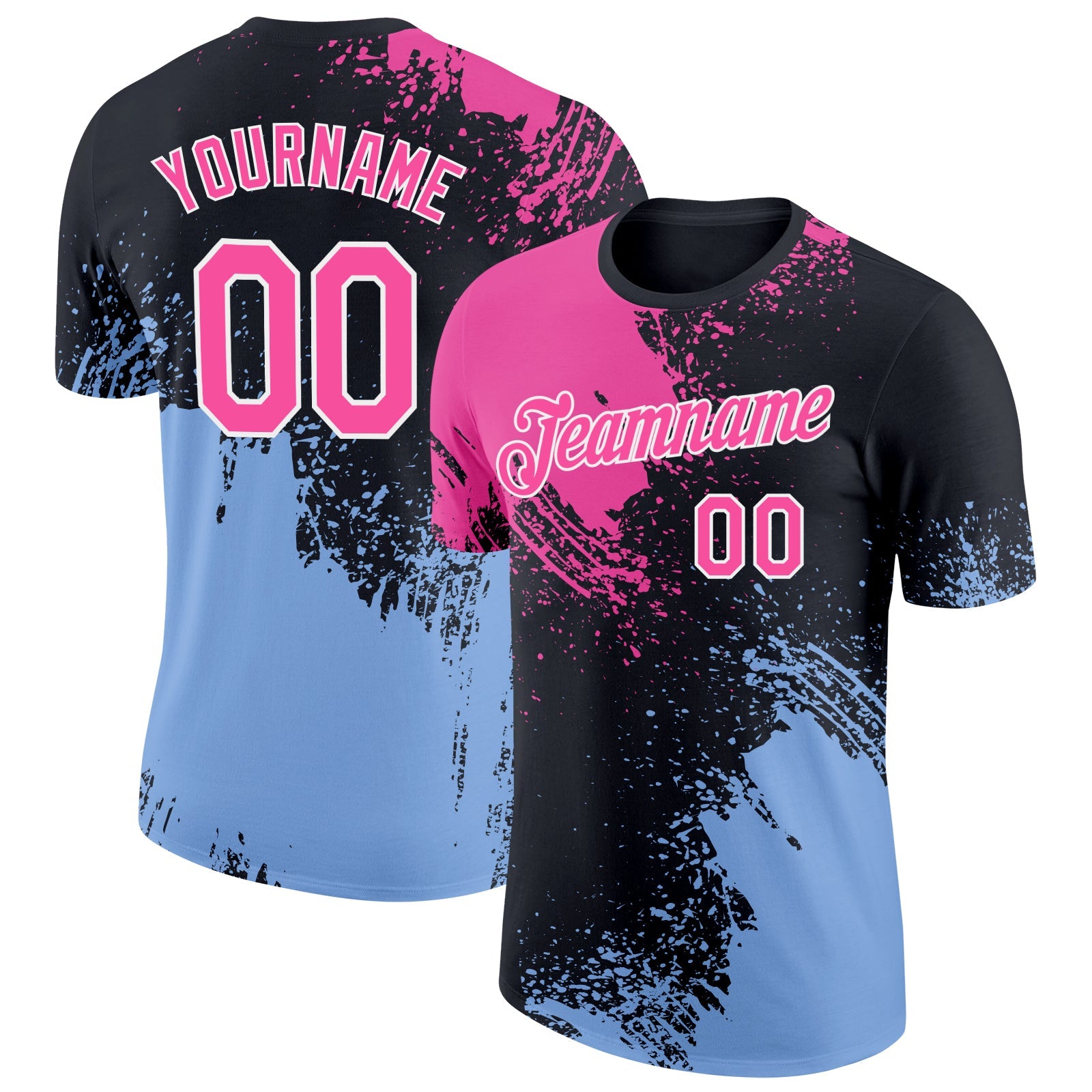 Custom Pink Black-Light Blue 3D Pattern Design Abstract Brush Stroke Performance T-Shirt - Main View