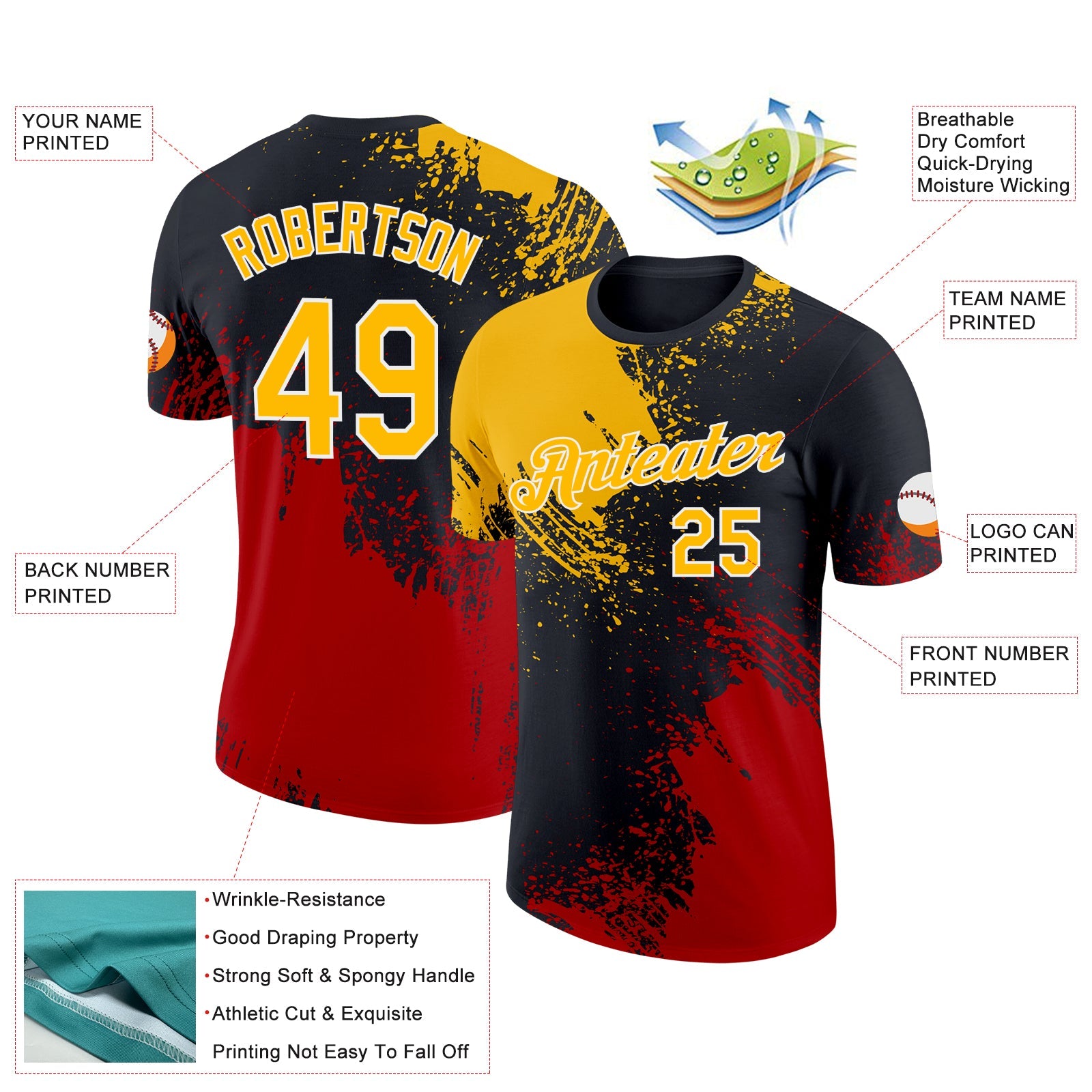Custom Gold Black-Red 3D Pattern Design Abstract Brush Stroke Performance T-Shirt view 2
