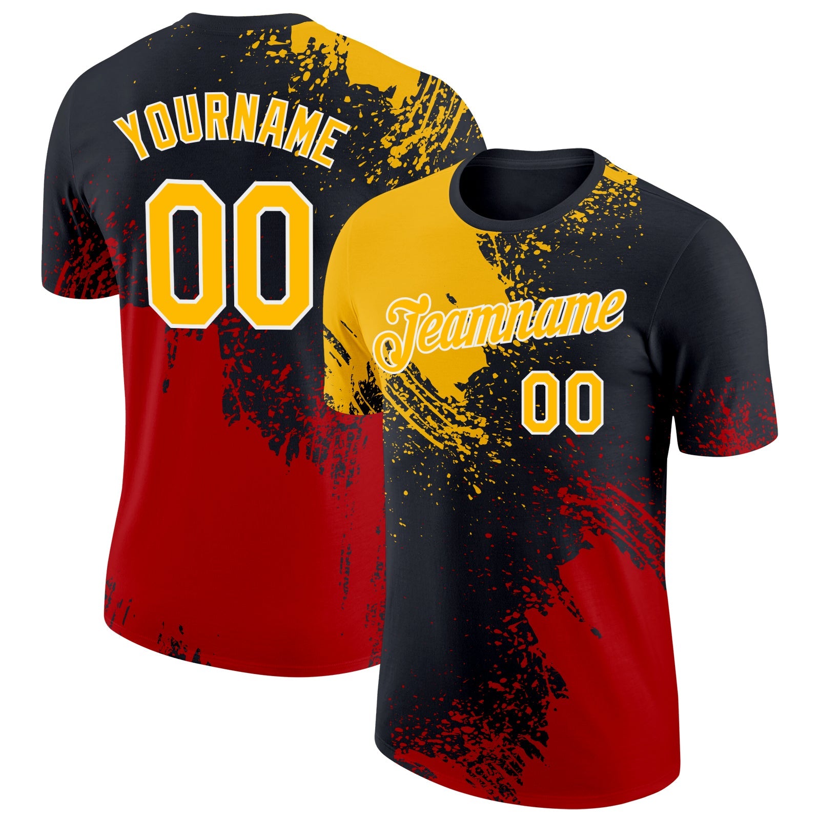 Custom Gold Black-Red 3D Pattern Design Abstract Brush Stroke Performance T-Shirt - Main View