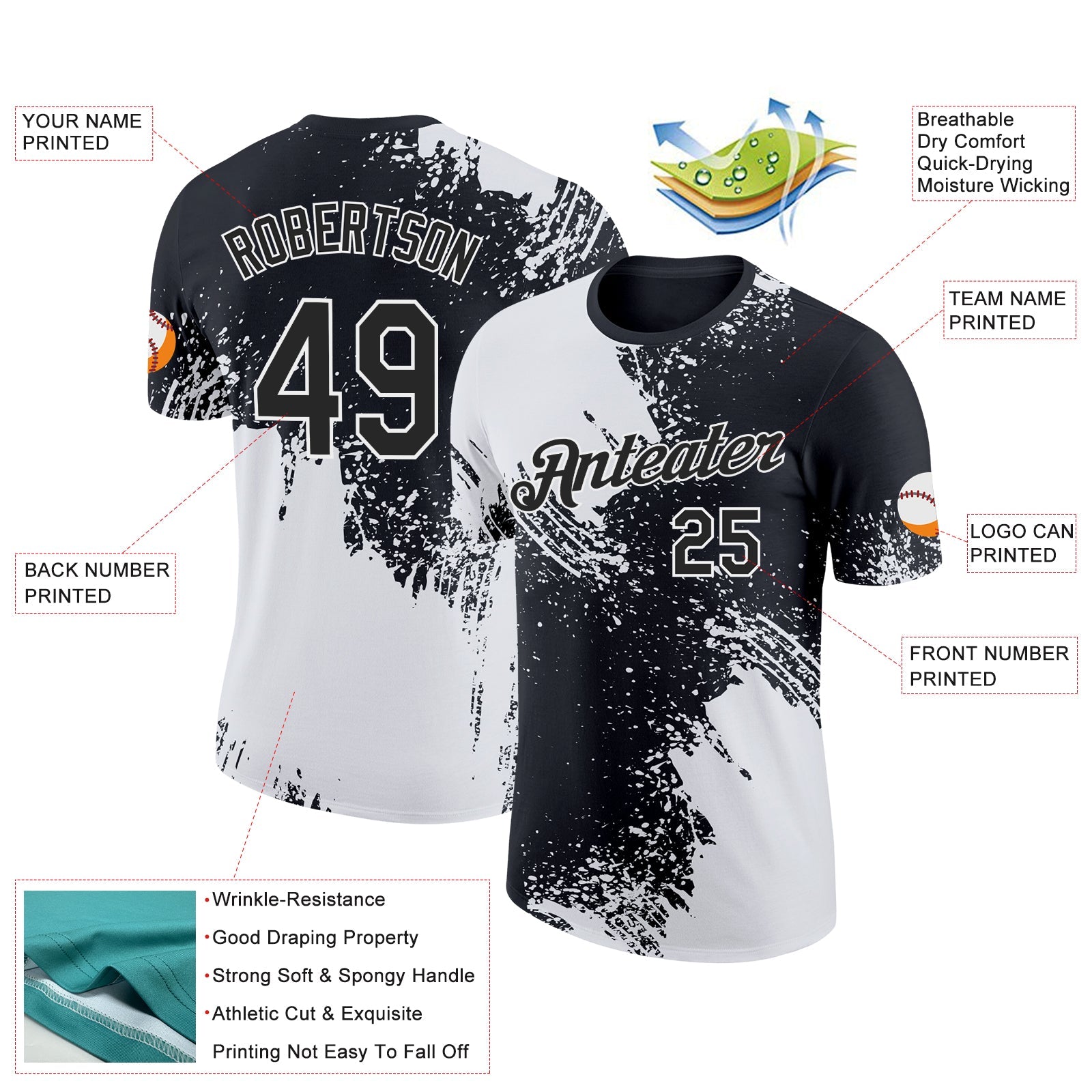 Custom White Black 3D Pattern Design Abstract Brush Stroke Performance T-Shirt view 2