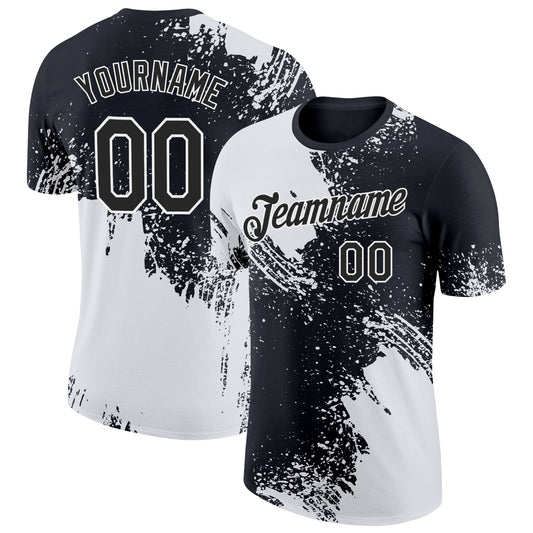 Custom White Black 3D Pattern Design Abstract Brush Stroke Performance T-Shirt - Main View