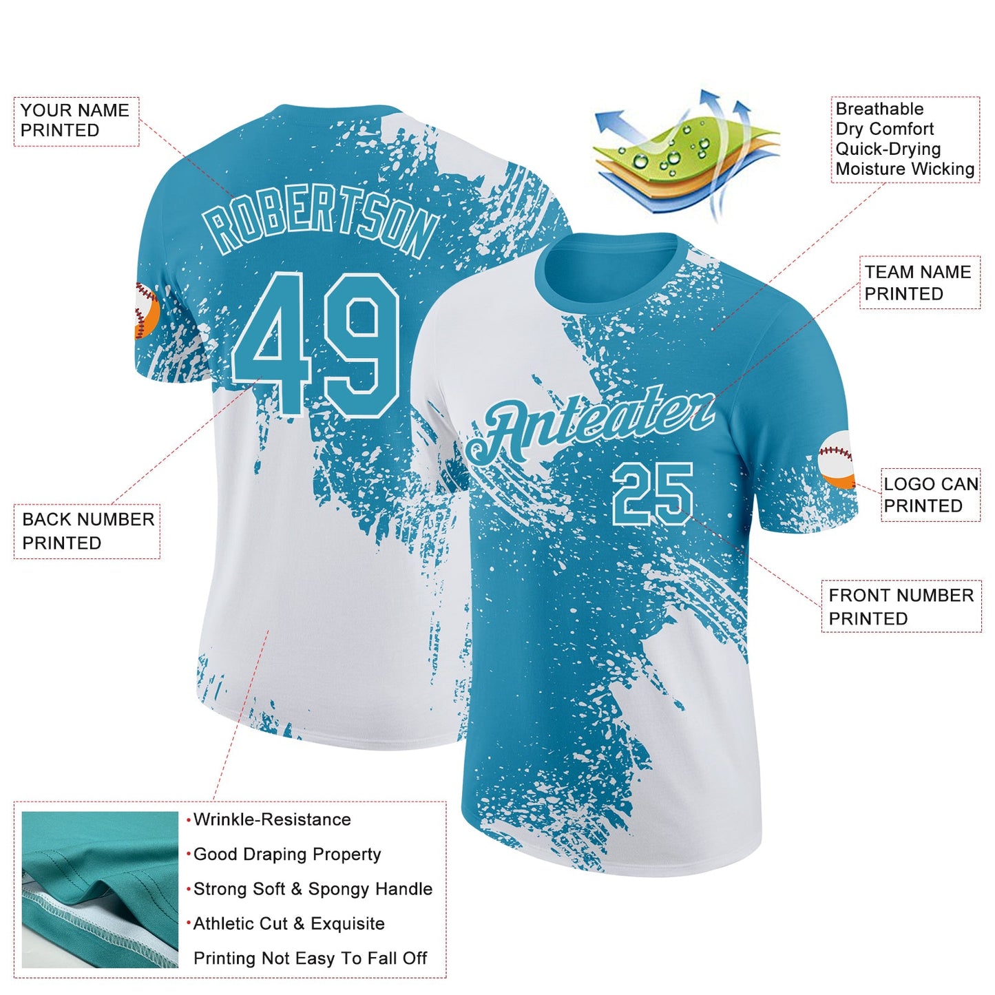 Custom White Panther Blue 3D Pattern Design Abstract Brush Stroke Performance T-Shirt view 2