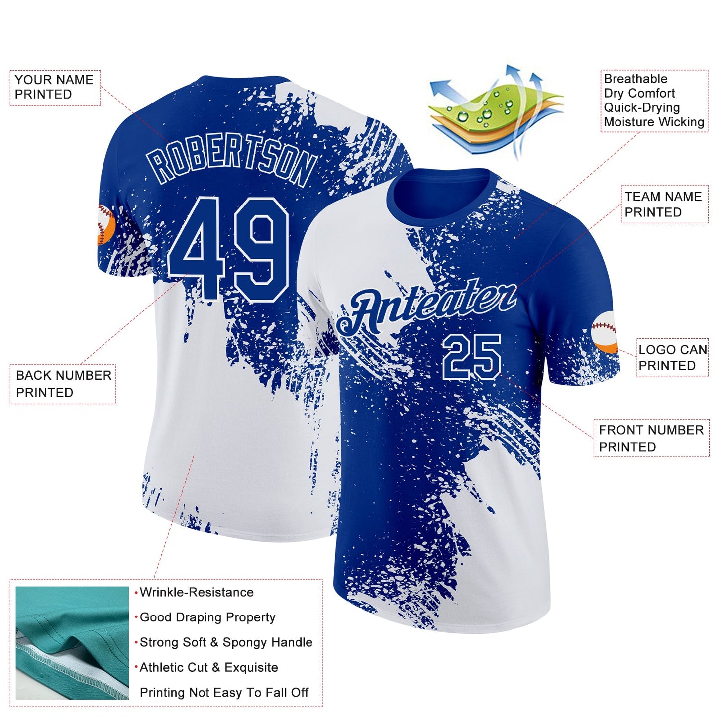 Custom White Royal 3D Pattern Design Abstract Brush Stroke Performance T-Shirt view 2
