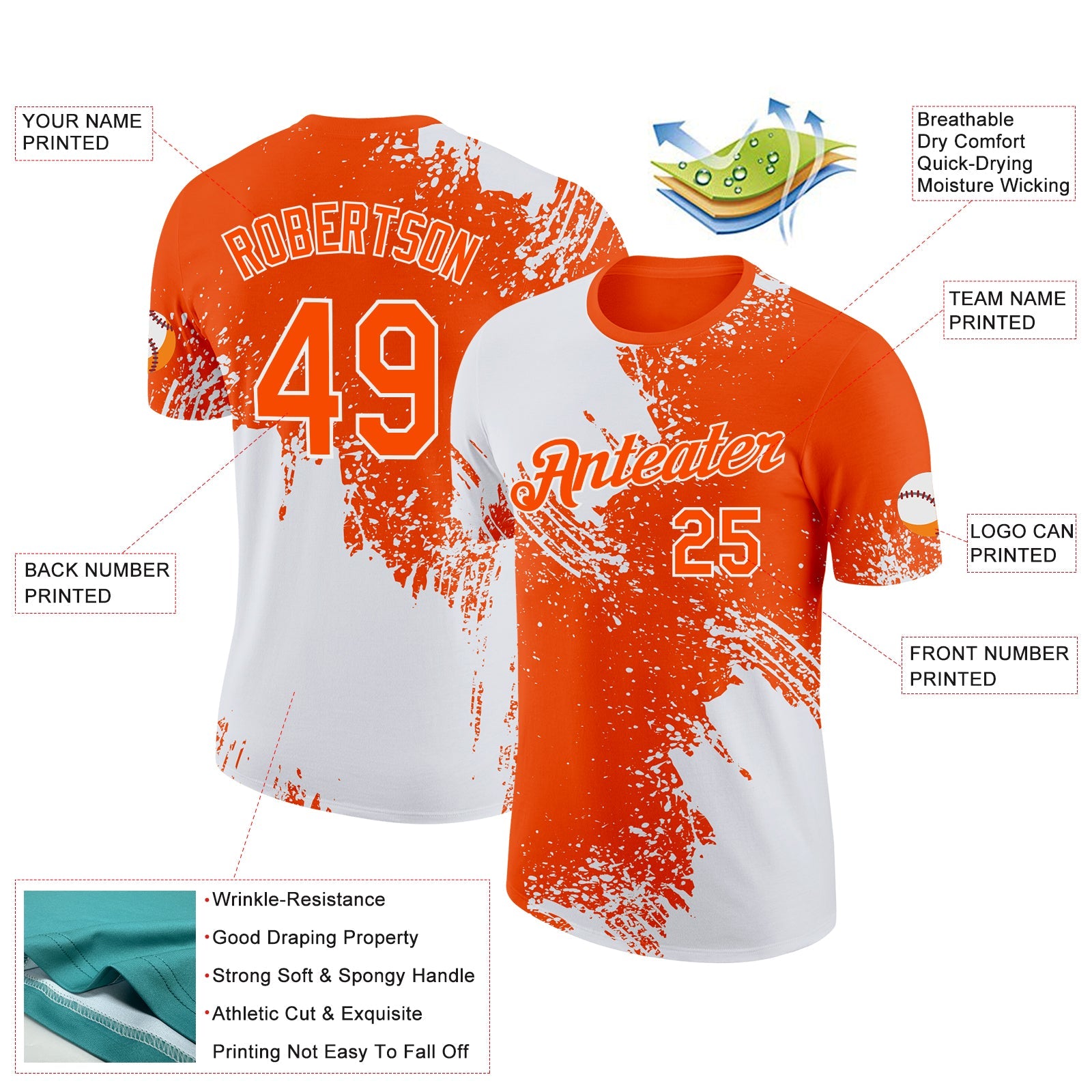 Custom White Orange 3D Pattern Design Abstract Brush Stroke Performance T-Shirt view 2