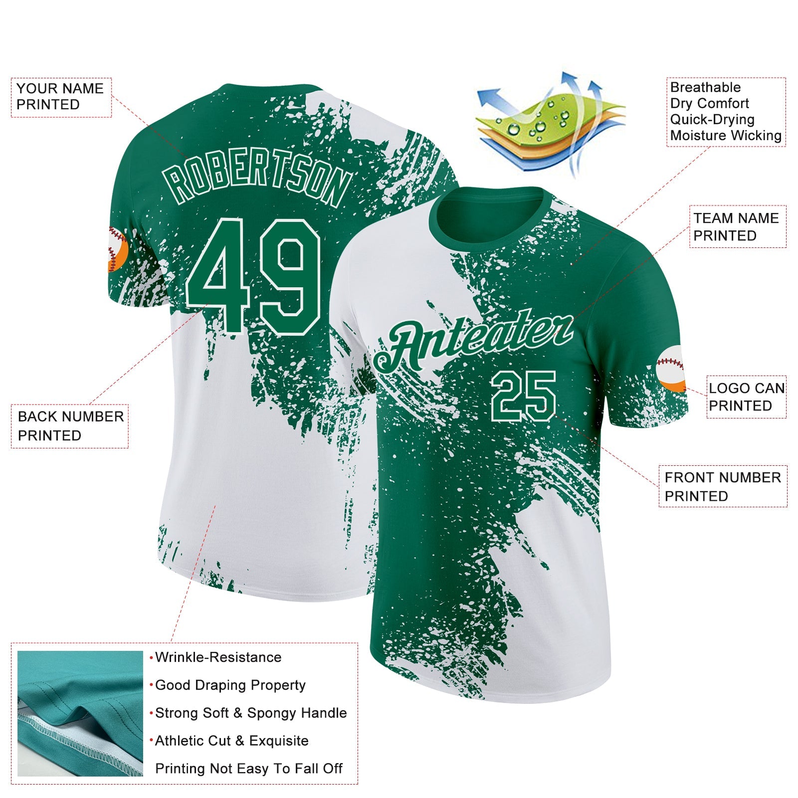 Custom White Kelly Green 3D Pattern Design Abstract Brush Stroke Performance T-Shirt view 2