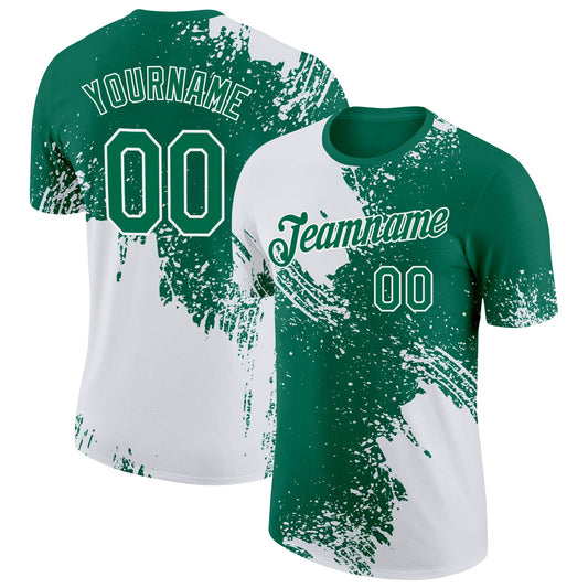 Custom White Kelly Green 3D Pattern Design Abstract Brush Stroke Performance T-Shirt - Main View