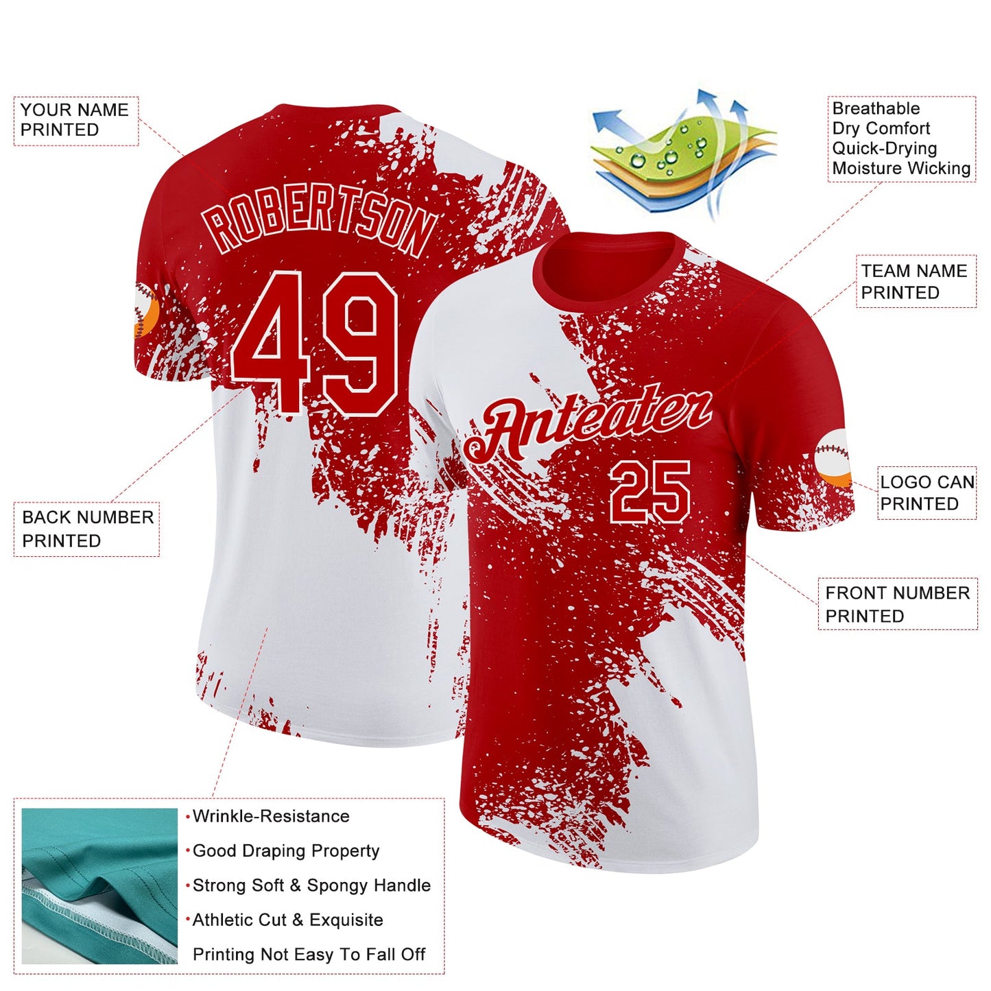 Custom White Red 3D Pattern Design Abstract Brush Stroke Performance T-Shirt view 2