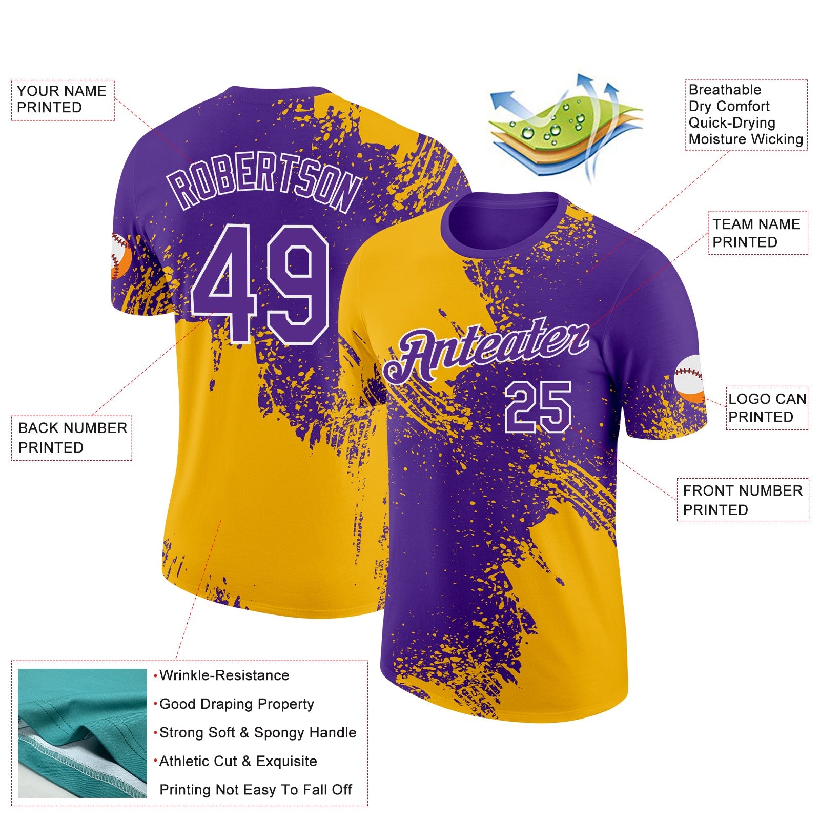 Custom Gold Purple-White 3D Pattern Design Abstract Brush Stroke Performance T-Shirt view 2