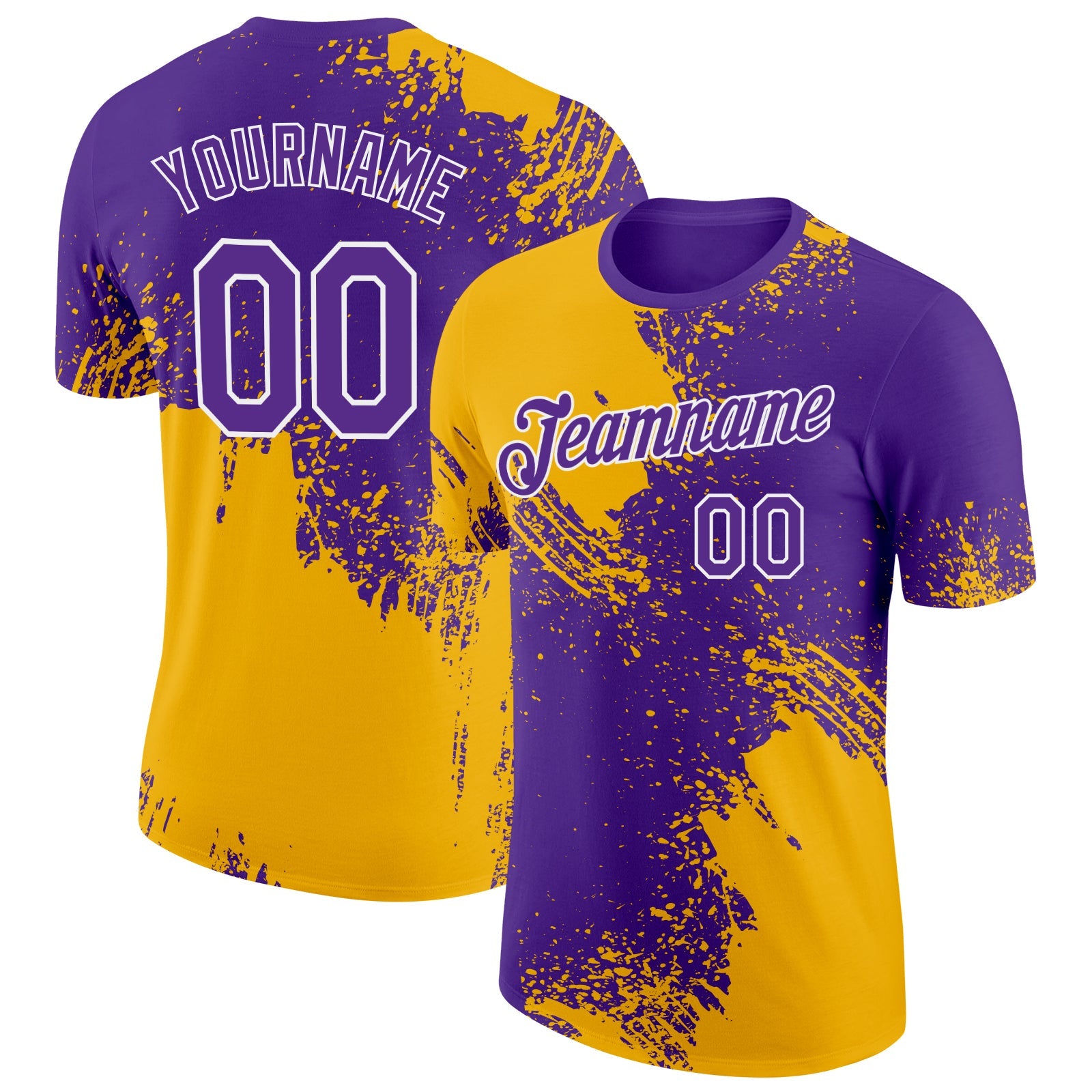Custom Gold Purple-White 3D Pattern Design Abstract Brush Stroke Performance T-Shirt - Main View