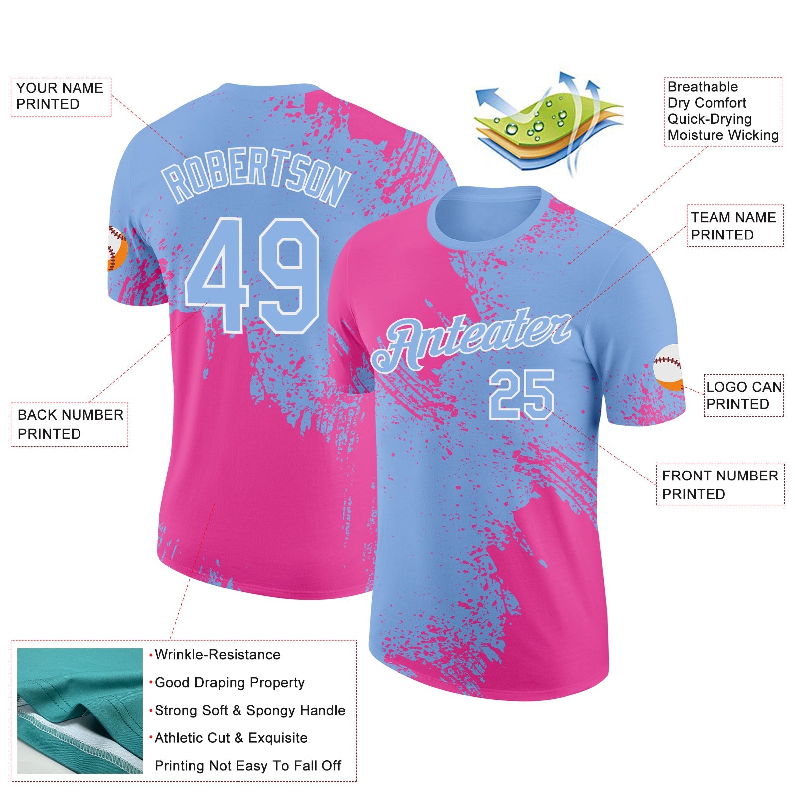 Custom Pink Light Blue-White 3D Pattern Design Abstract Brush Stroke Performance T-Shirt view 2