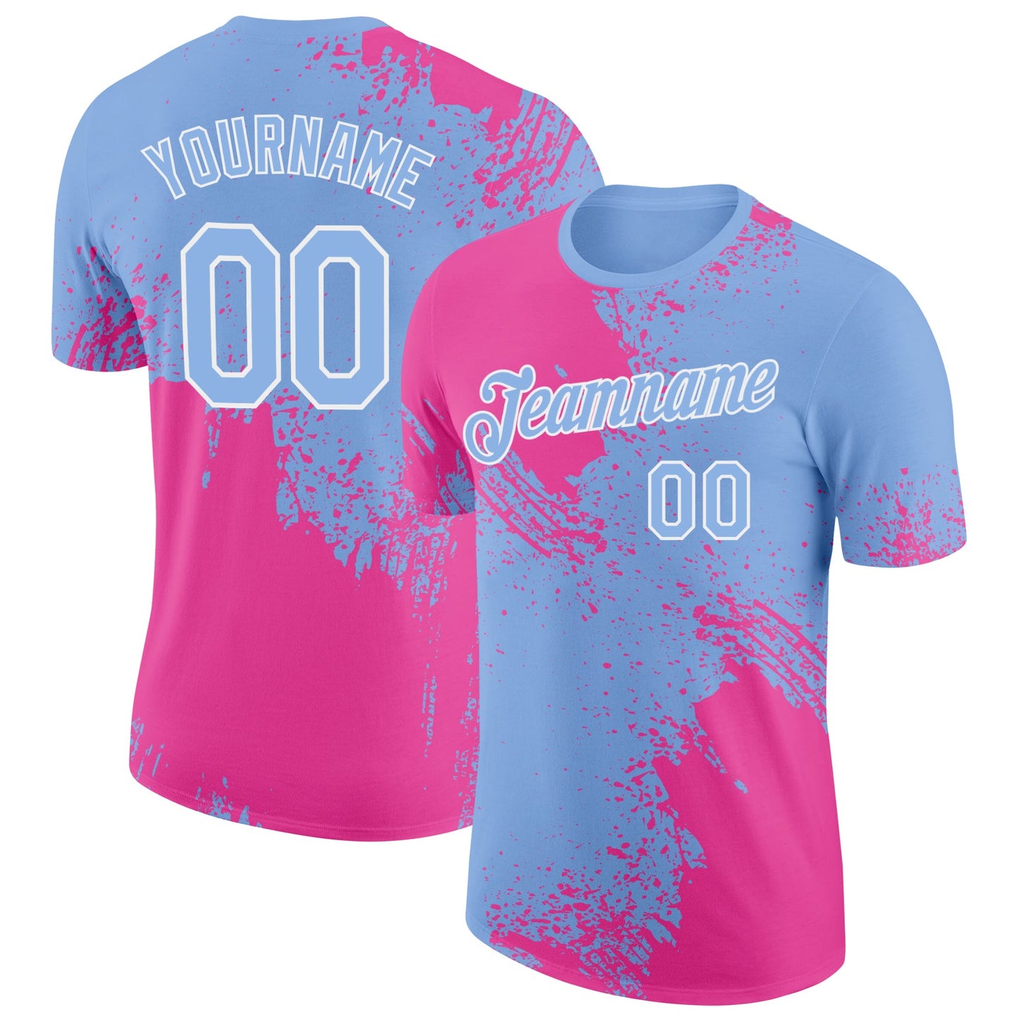 Custom Pink Light Blue-White 3D Pattern Design Abstract Brush Stroke Performance T-Shirt - Main View