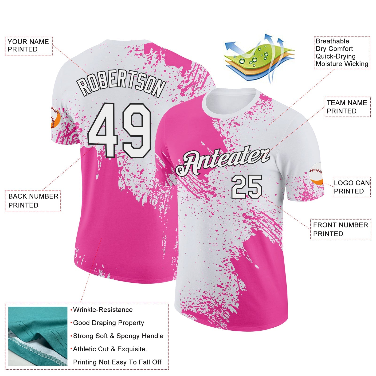 Custom Pink White-Black 3D Pattern Design Abstract Brush Stroke Performance T-Shirt view 2