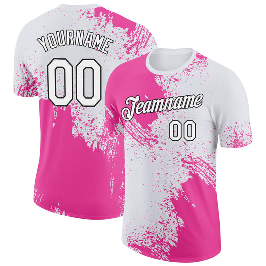Custom Pink White-Black 3D Pattern Design Abstract Brush Stroke Performance T-Shirt - Main View