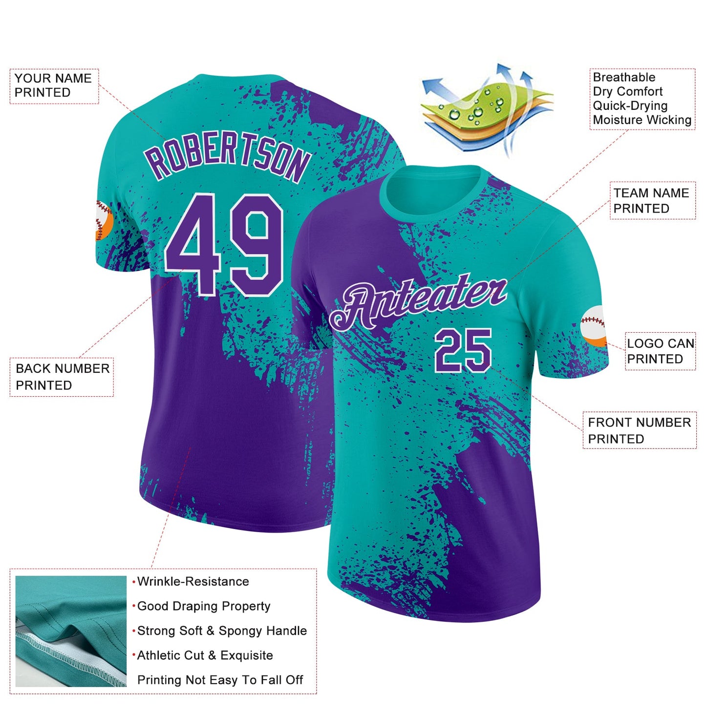 Custom Purple Aqua-White 3D Pattern Design Abstract Brush Stroke Performance T-Shirt view 2