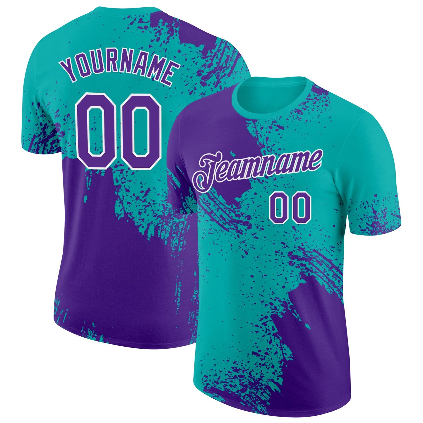 Custom Purple Aqua-White 3D Pattern Design Abstract Brush Stroke Performance T-Shirt - Main View