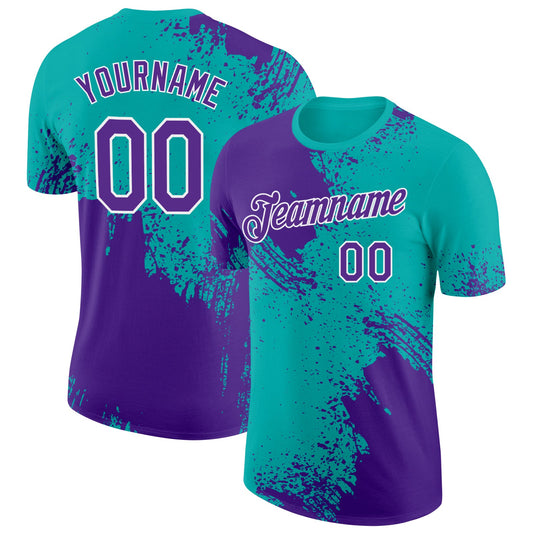 Custom Purple Aqua-White 3D Pattern Design Abstract Brush Stroke Performance T-Shirt - Main View