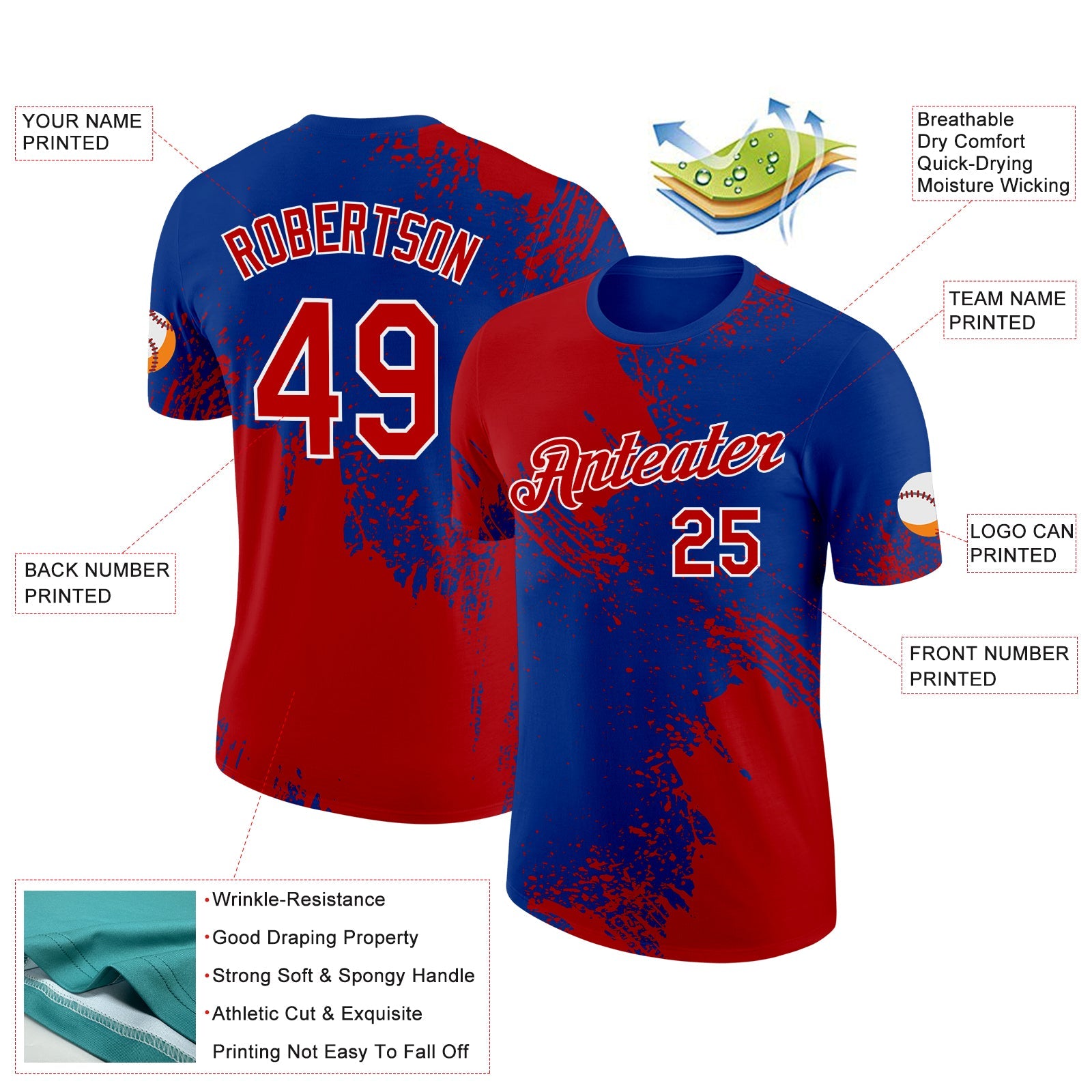 Custom Red Royal-White 3D Pattern Design Abstract Brush Stroke Performance T-Shirt view 2