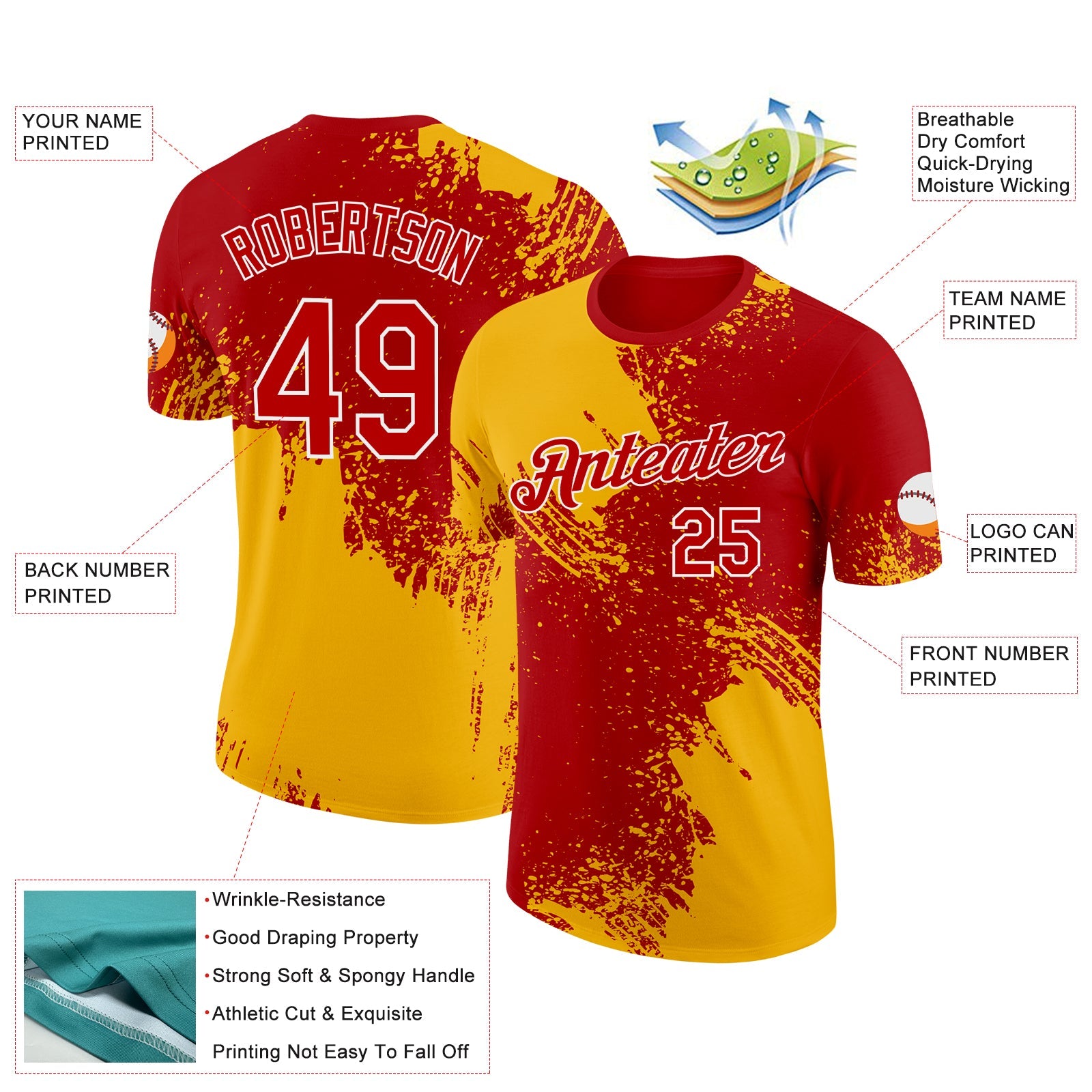 Custom Gold Red-White 3D Pattern Design Abstract Brush Stroke Performance T-Shirt view 2