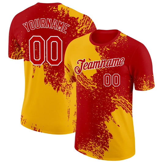 Custom Gold Red-White 3D Pattern Design Abstract Brush Stroke Performance T-Shirt - Main View