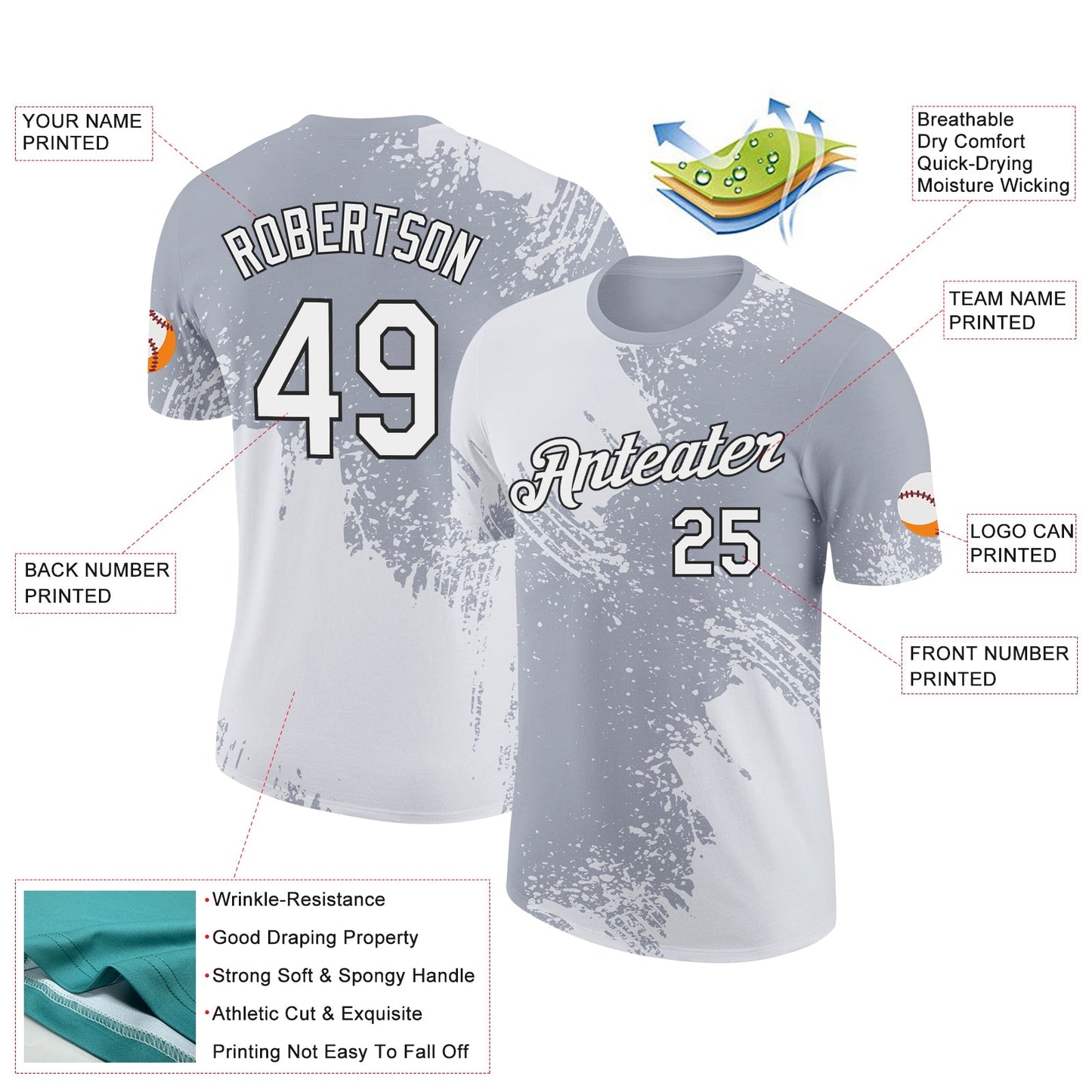 Custom White Gray 3D Pattern Design Abstract Brush Stroke Performance T-Shirt view 2