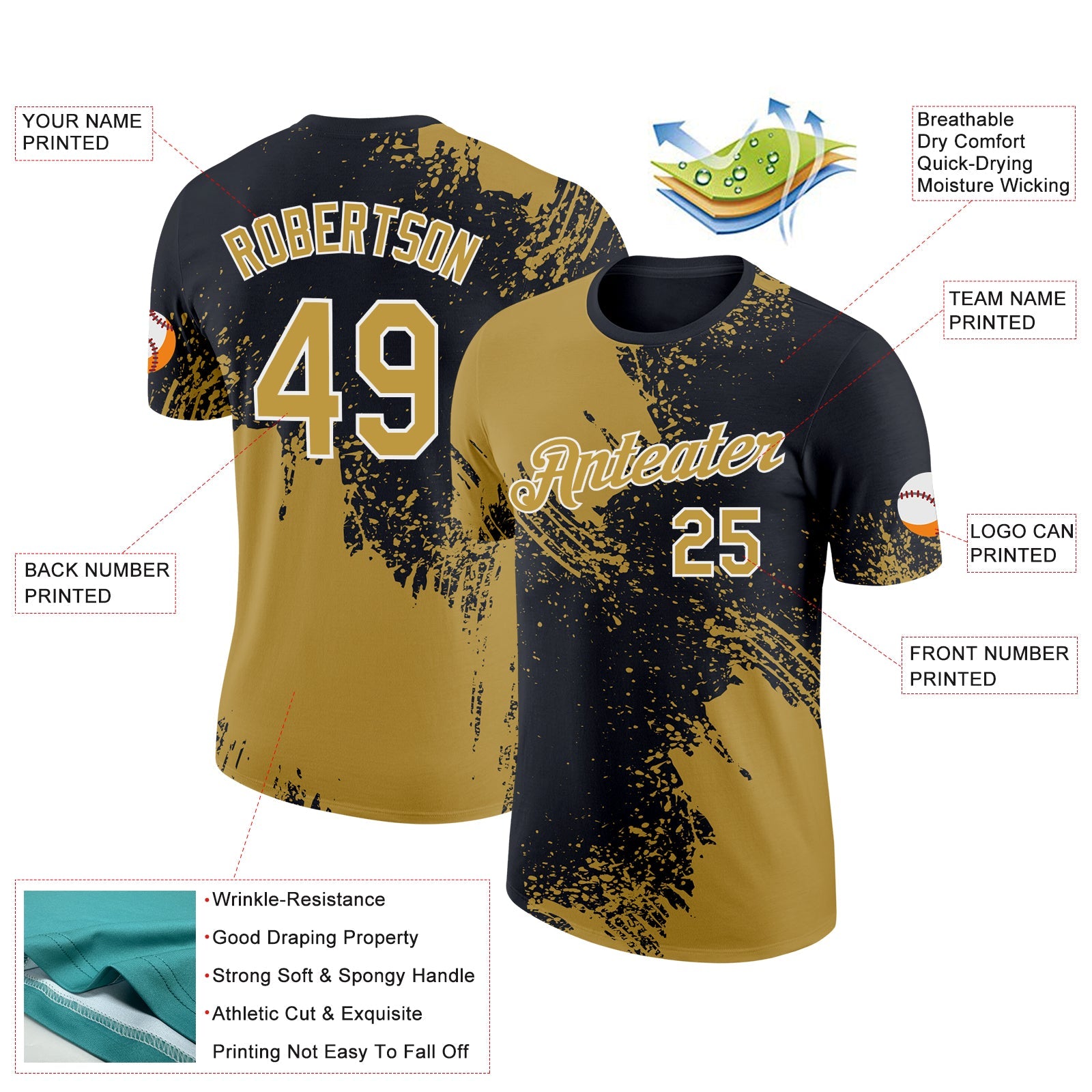 Custom Old Gold Black-White 3D Pattern Design Abstract Brush Stroke Performance T-Shirt view 2