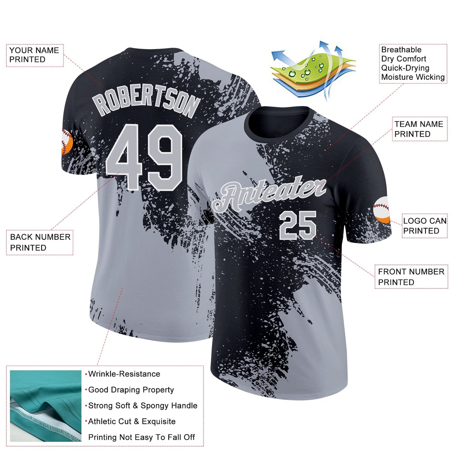 Custom Gray Black-White 3D Pattern Design Abstract Brush Stroke Performance T-Shirt view 2