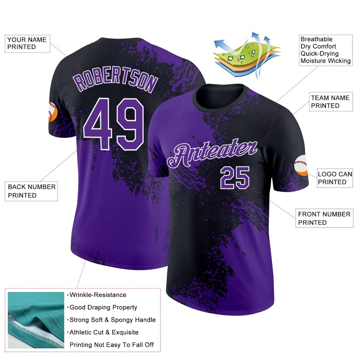 Custom Purple Black-White 3D Pattern Design Abstract Brush Stroke Performance T-Shirt view 3