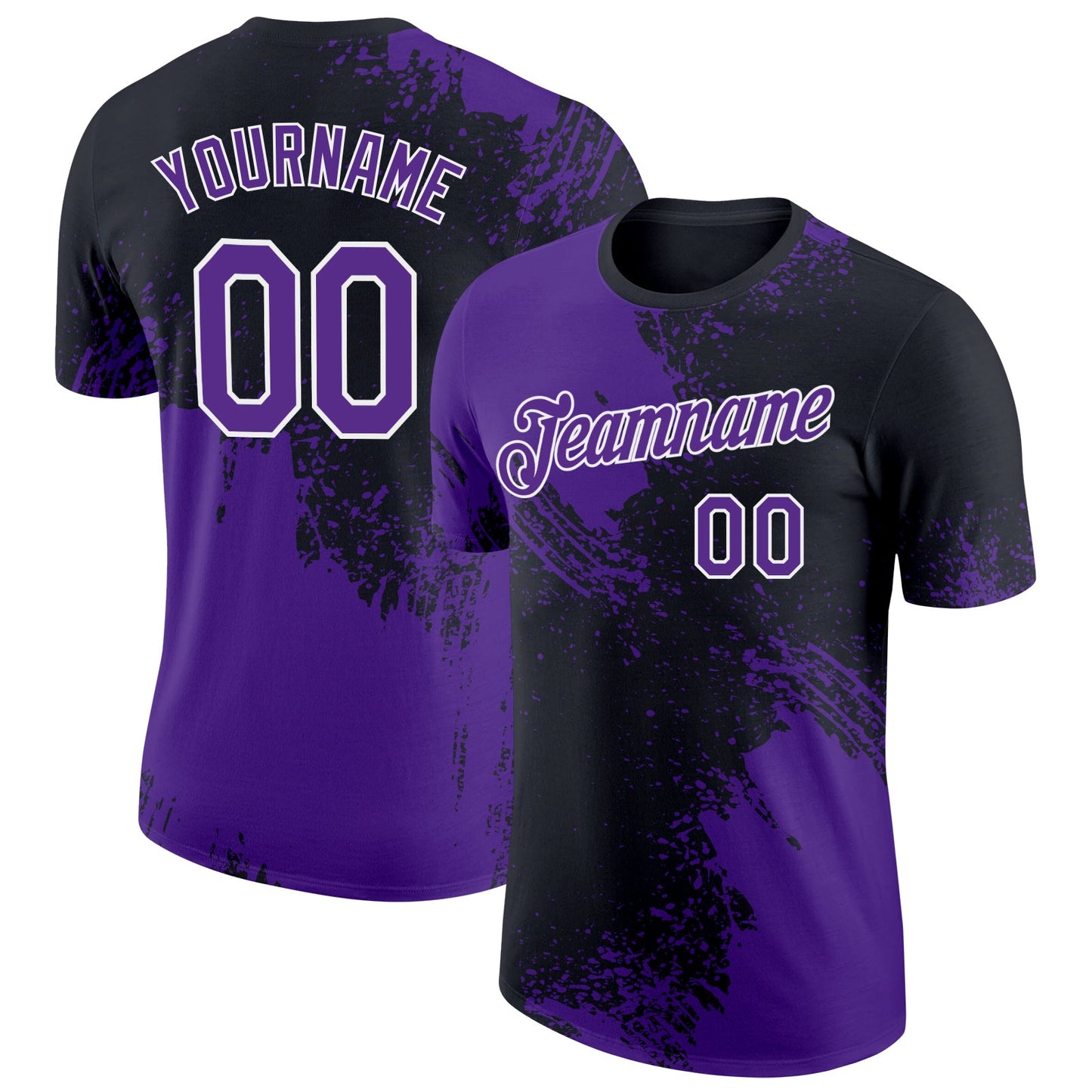 Custom Purple Black-White 3D Pattern Design Abstract Brush Stroke Performance T-Shirt - Main View