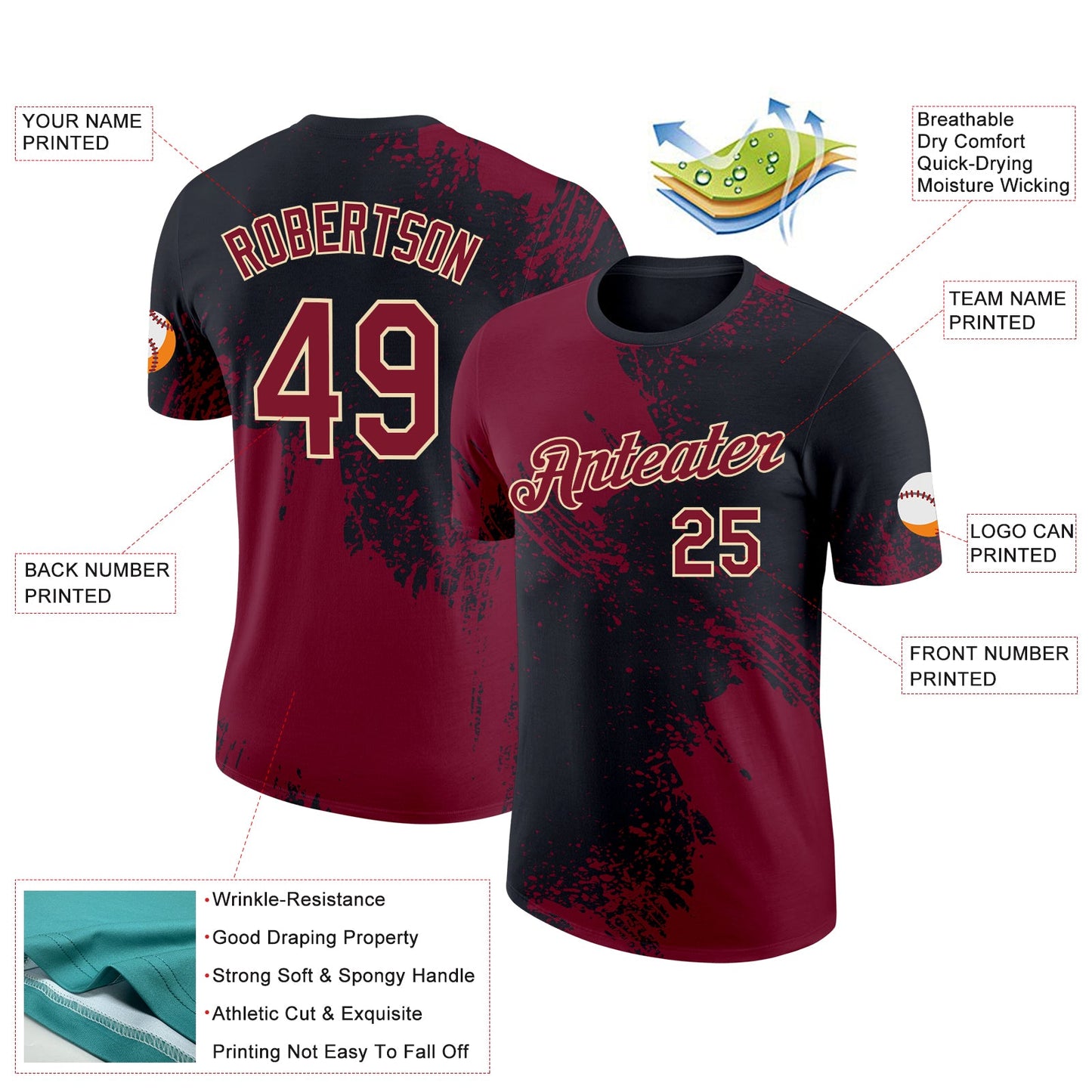 Custom Crimson Black-Cream 3D Pattern Design Abstract Brush Stroke Performance T-Shirt view 2