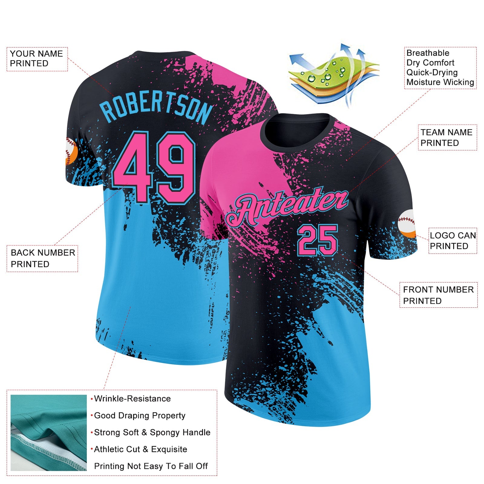 Custom Black Pink-Sky Blue 3D Pattern Design Abstract Brush Stroke Performance T-Shirt view 2