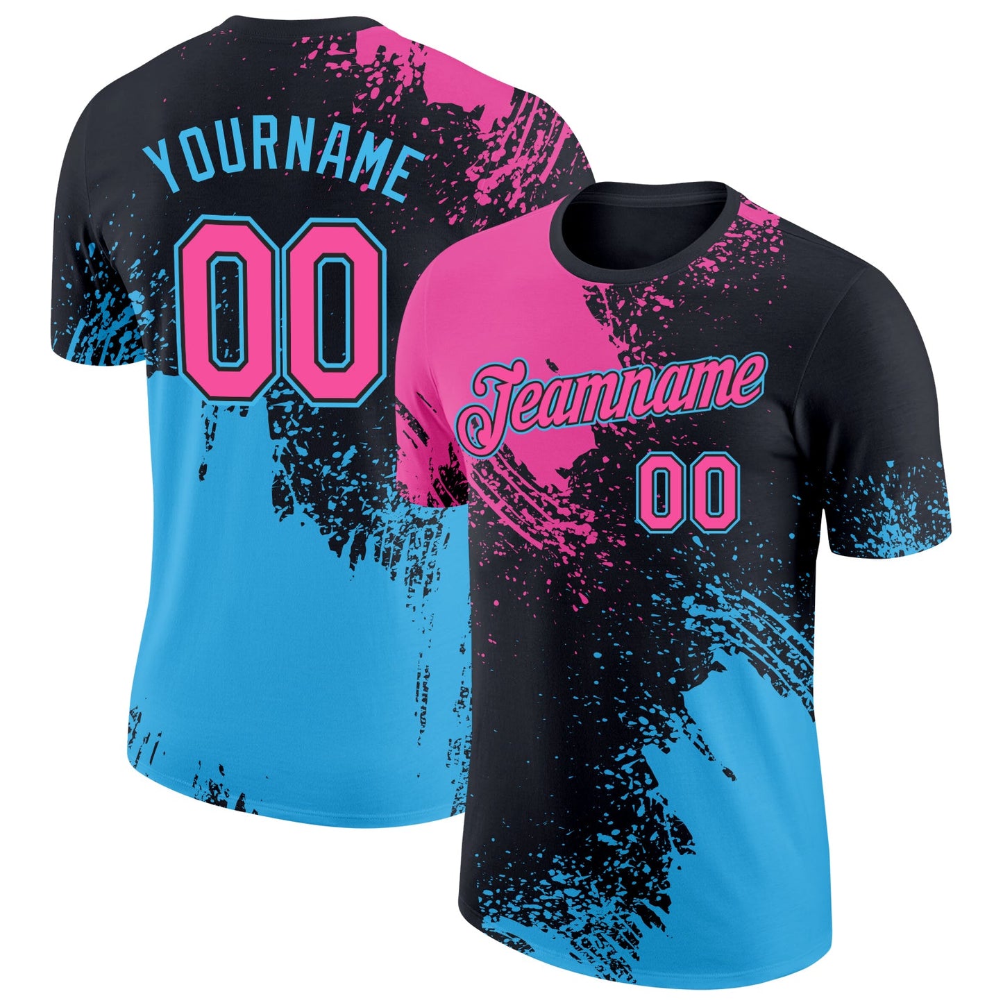 Custom Black Pink-Sky Blue 3D Pattern Design Abstract Brush Stroke Performance T-Shirt - Main View