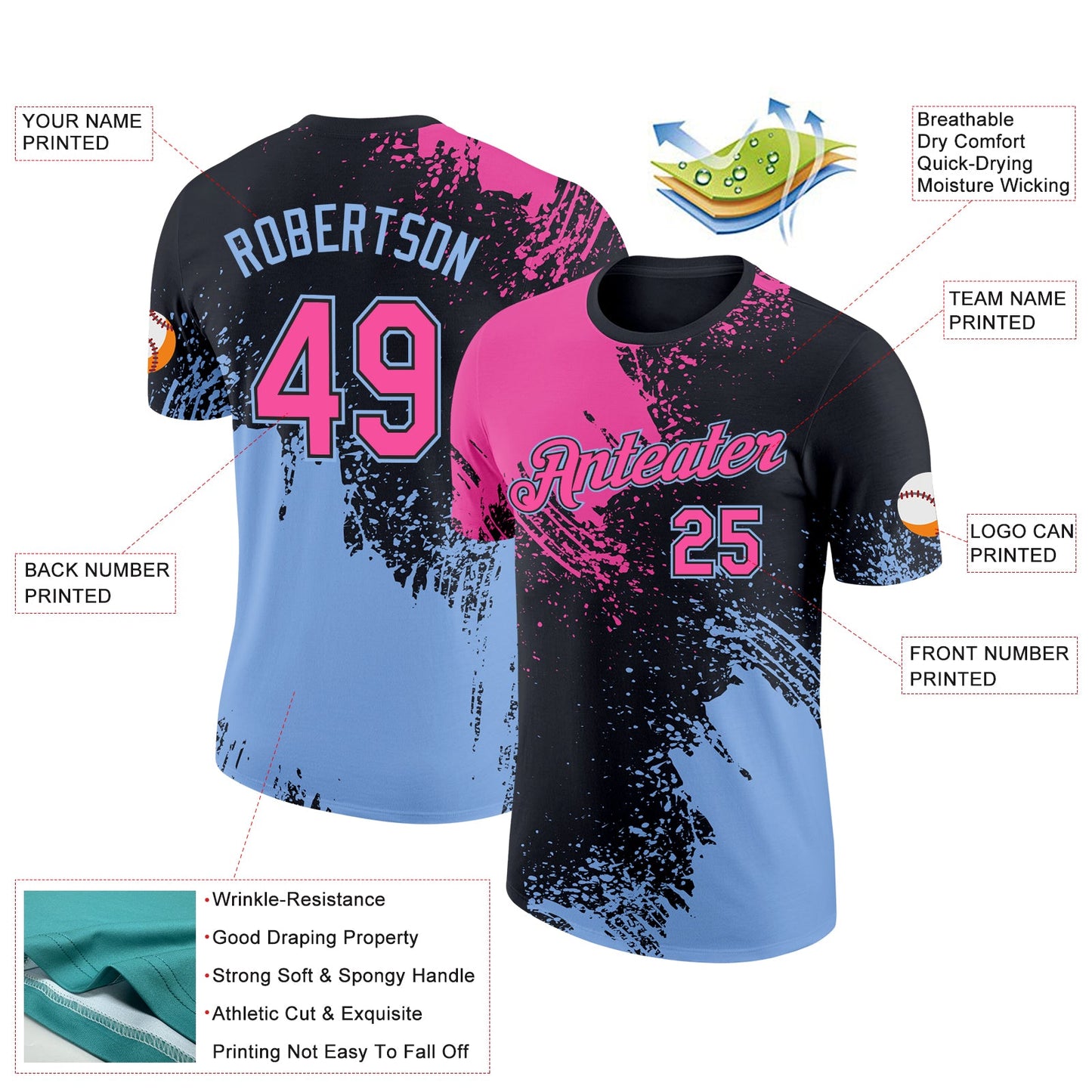 Custom Black Pink-Light Blue 3D Pattern Design Abstract Brush Stroke Performance T-Shirt view 2
