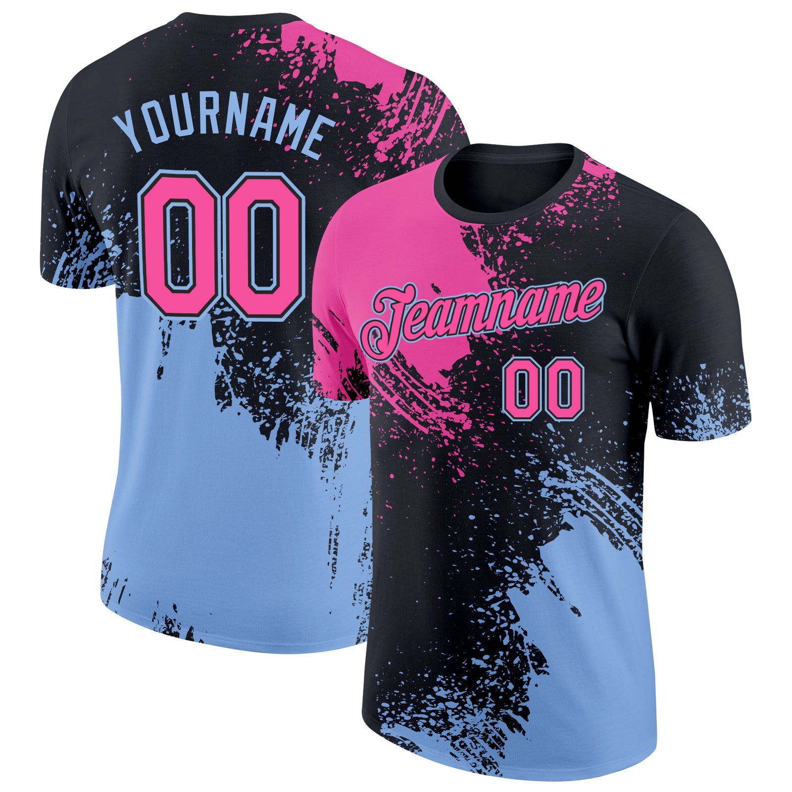 Custom Black Pink-Light Blue 3D Pattern Design Abstract Brush Stroke Performance T-Shirt - Main View