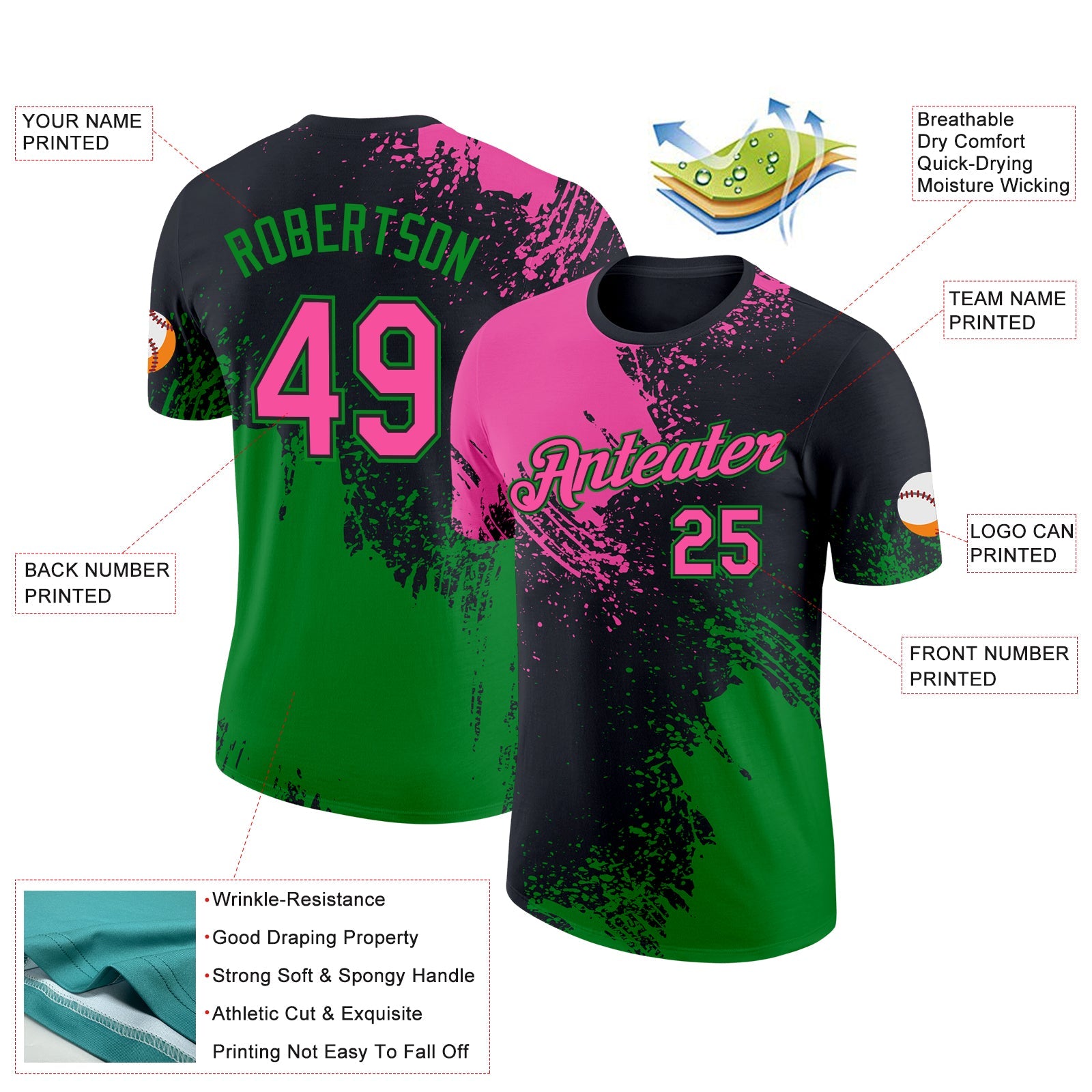Custom Black Pink-Grass Green 3D Pattern Design Abstract Brush Stroke Performance T-Shirt view 3